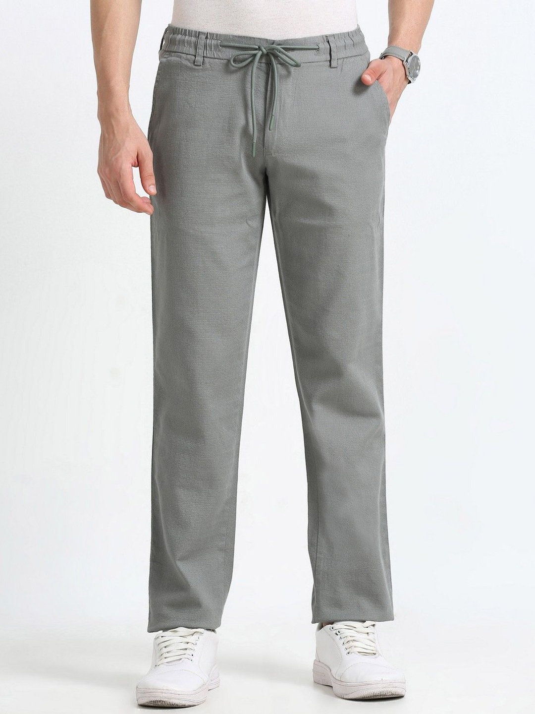 

THE BEETEL HOUSE Men Relaxed Fancy Linen Trousers, Olive