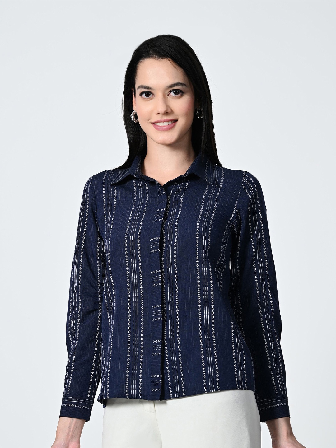 

AMBI Women Standard Opaque Striped Casual Shirt, Blue