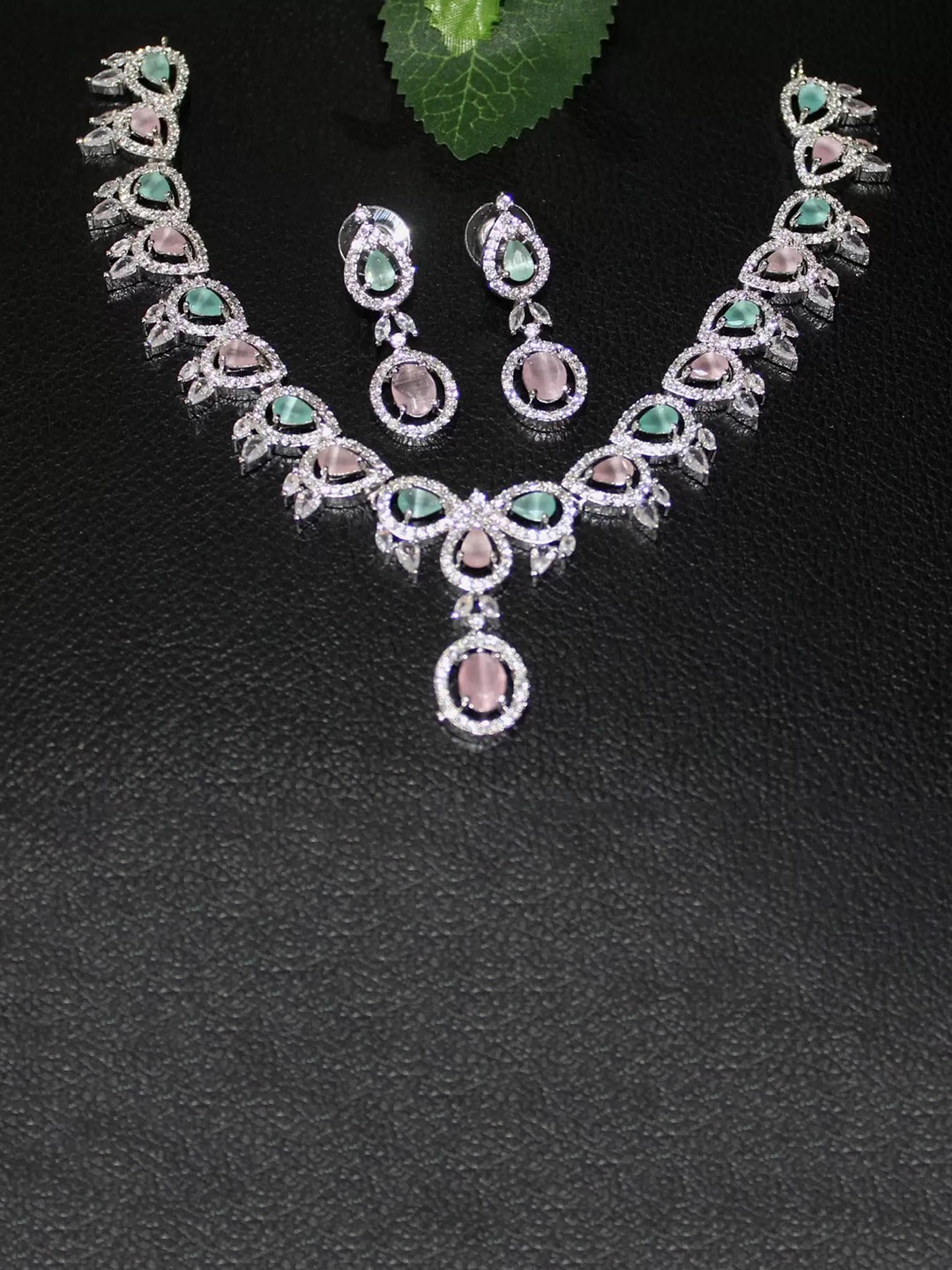 

ROFARWORD Silver-Plated Artificial Stones Studded Traditional Jewellery Set