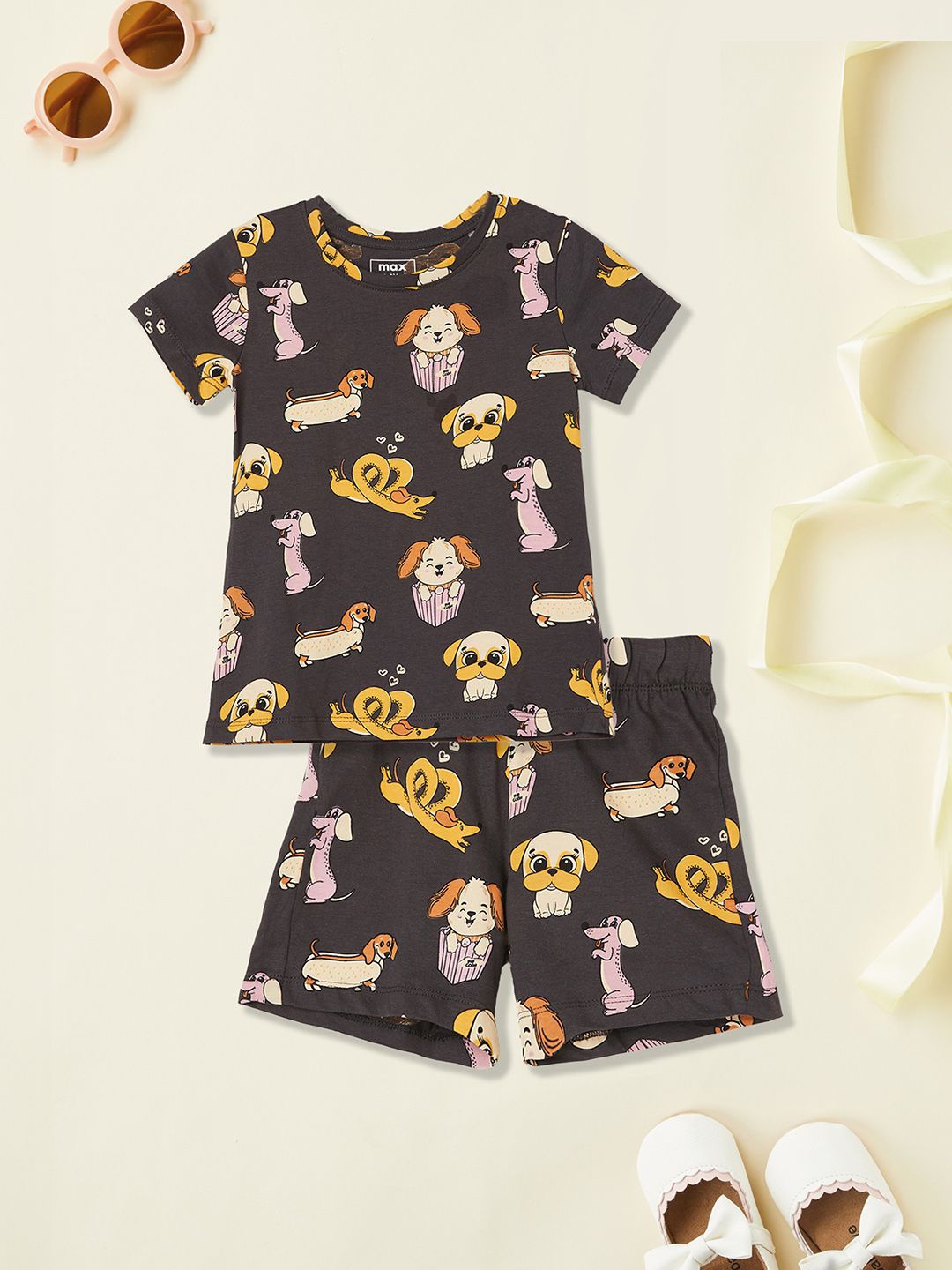 

max Girls Printed T-shirt with Shorts, Grey