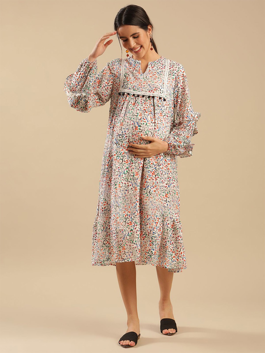 

Shades of Sabi Floral Print Georgette A-Line Midi Maternity Dress, White