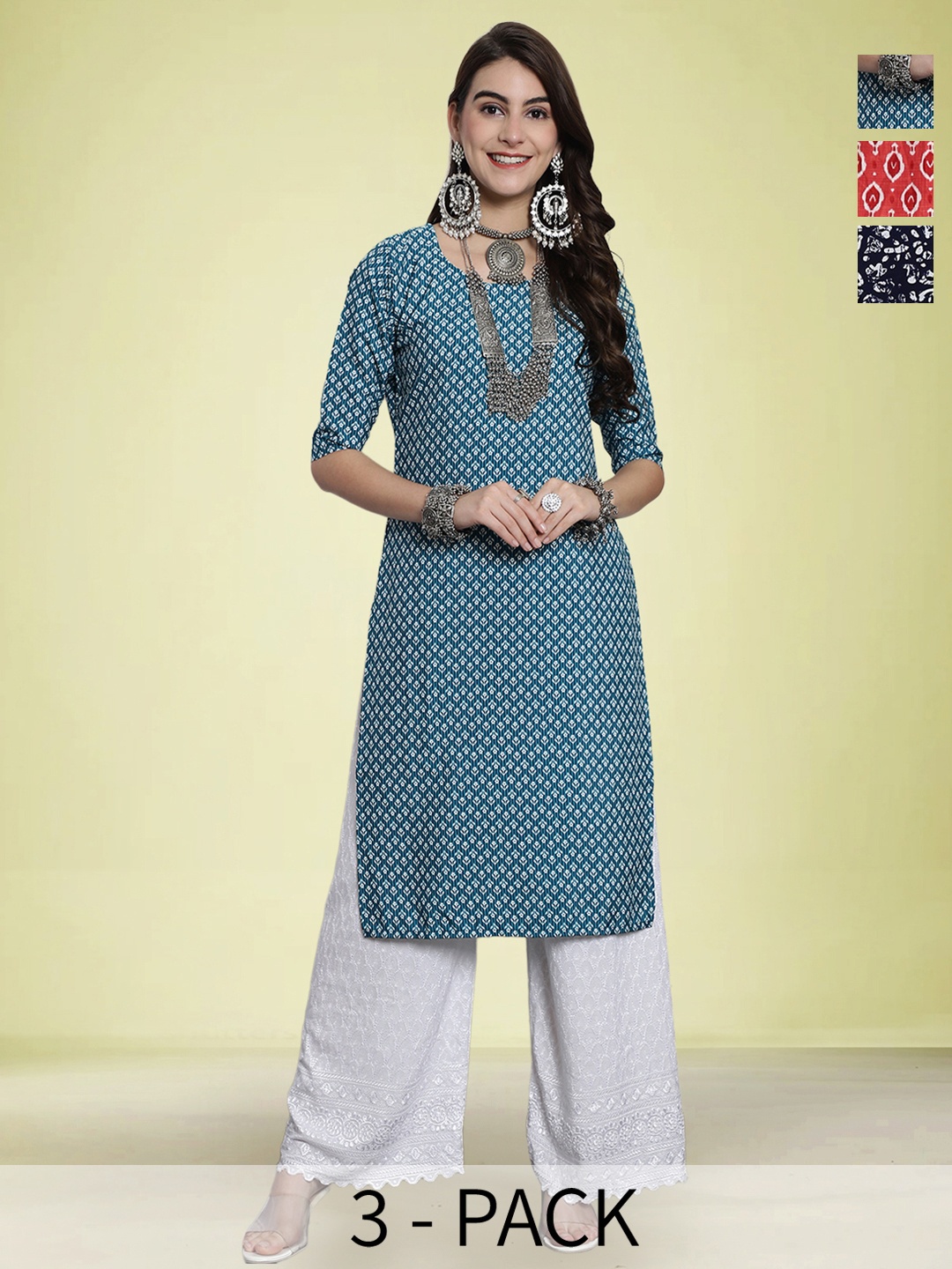 

Moda Rapido Selection Of 3 Floral Printed Round Neck Straight Kurta, Blue