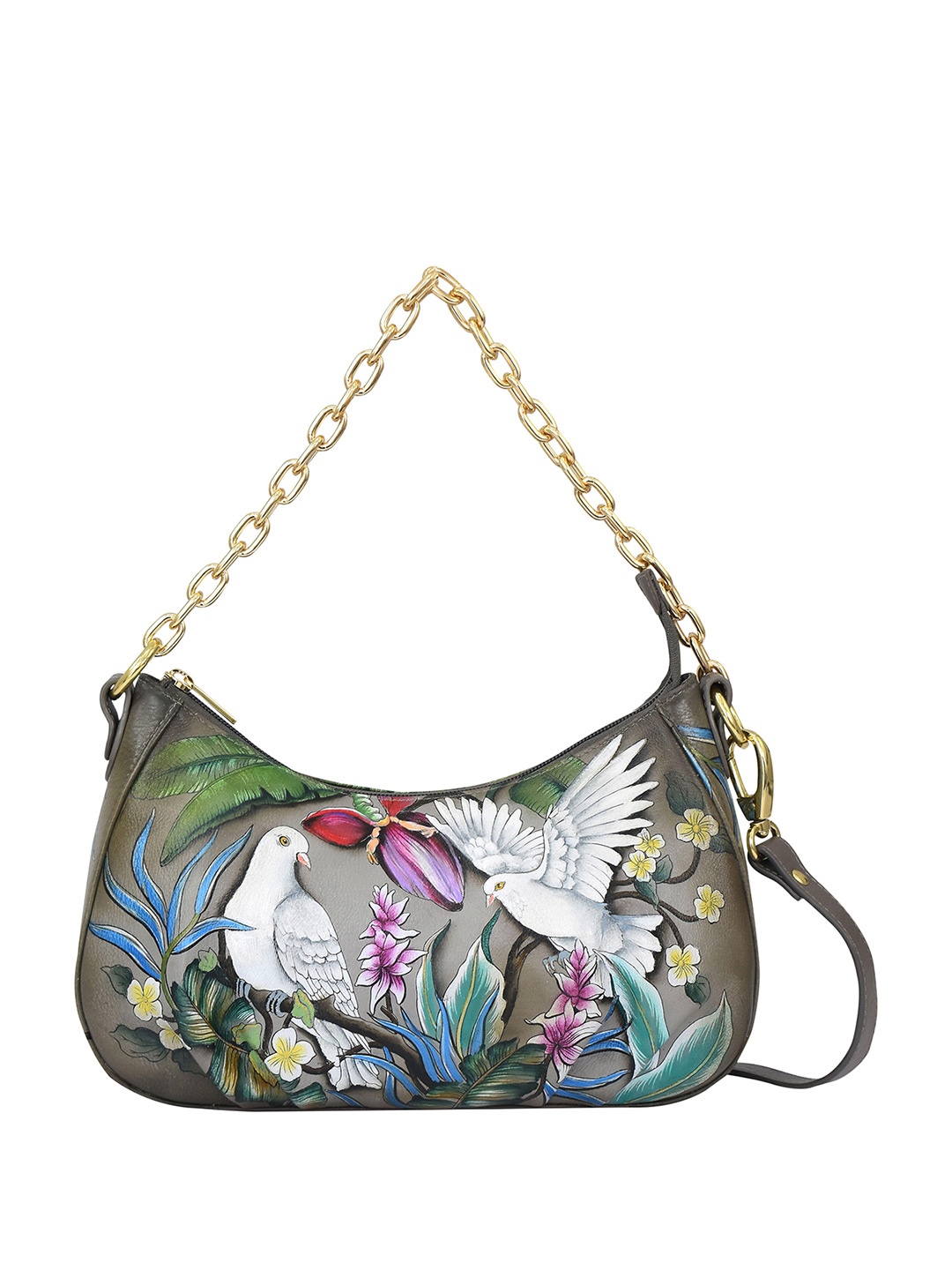 

Anuschka Hand PaintedWings of Peace Leather Ruched East West Hobo With Chain, Grey