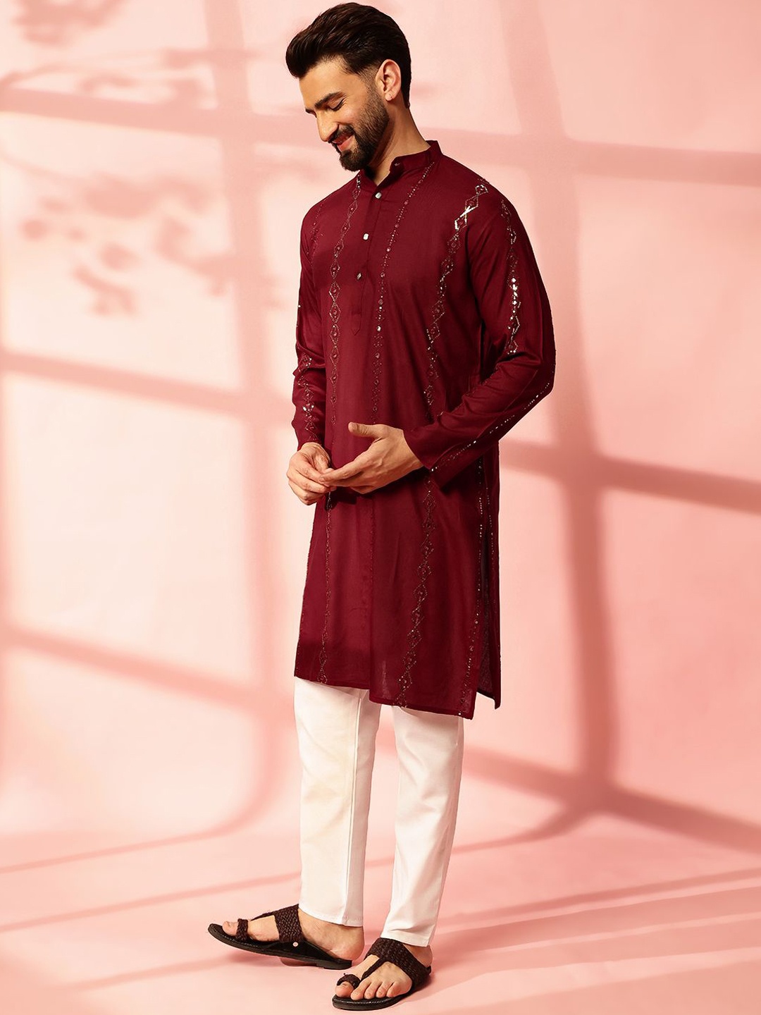 

Anouk Striped Embroidered Mandarin Collar Sequinned Cotton Straight Kurta, Maroon