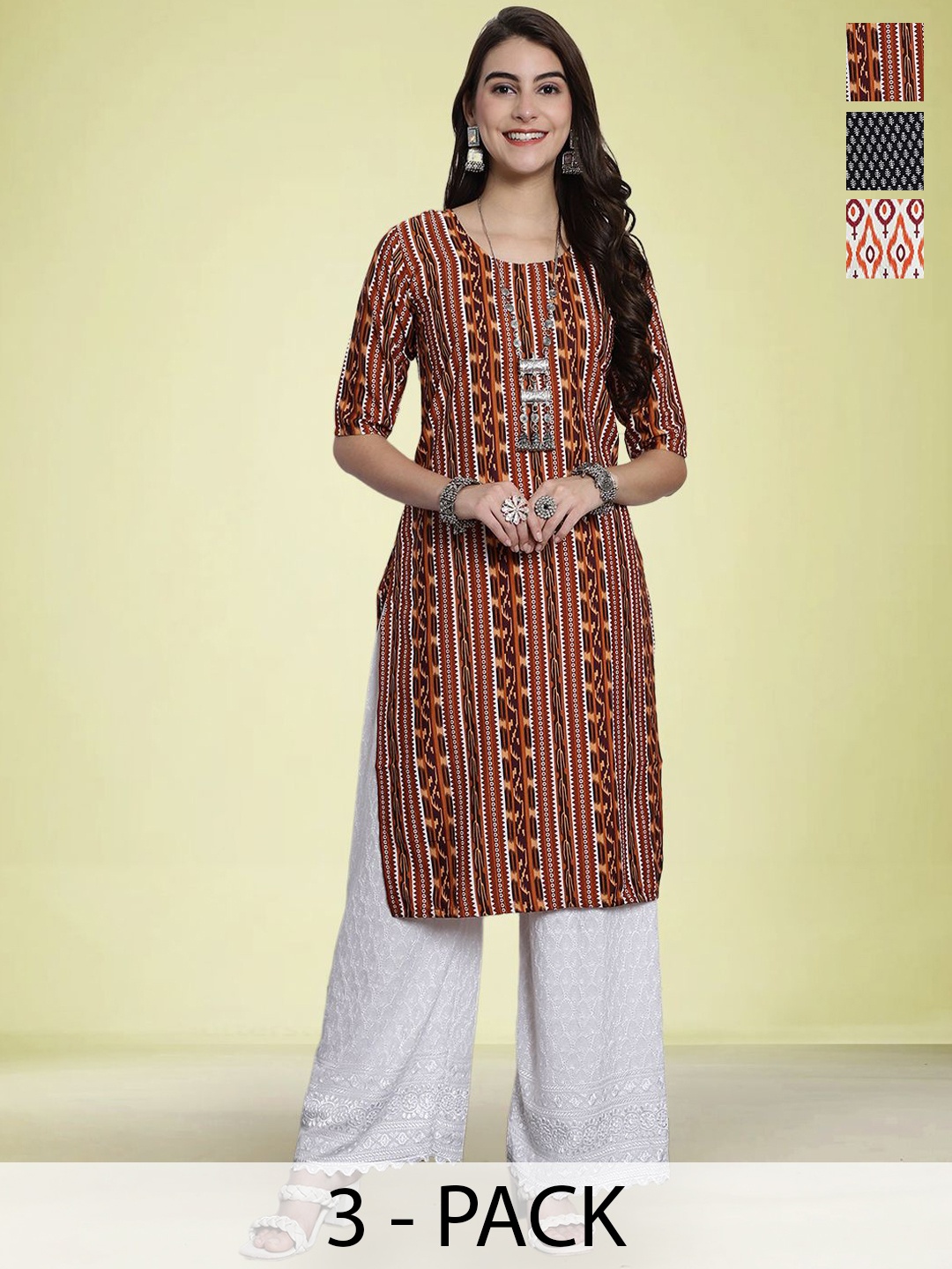 

Moda Rapido Selection Of 3 Floral Printed Round Neck Straight Kurtas, Black