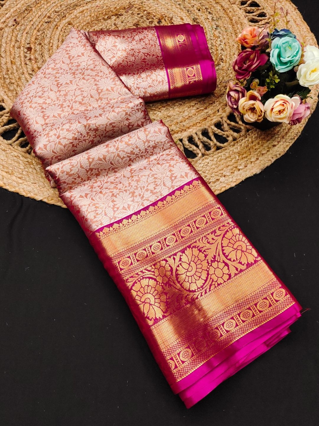 

Mitera Woven Design Zari Pure Silk Kanjeevaram Saree, Fuchsia