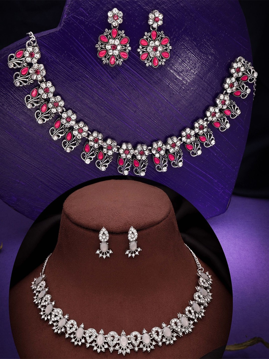 

DIVASTRI Set Of 2 Silver Plated American Diamond Studded Jewellery Set