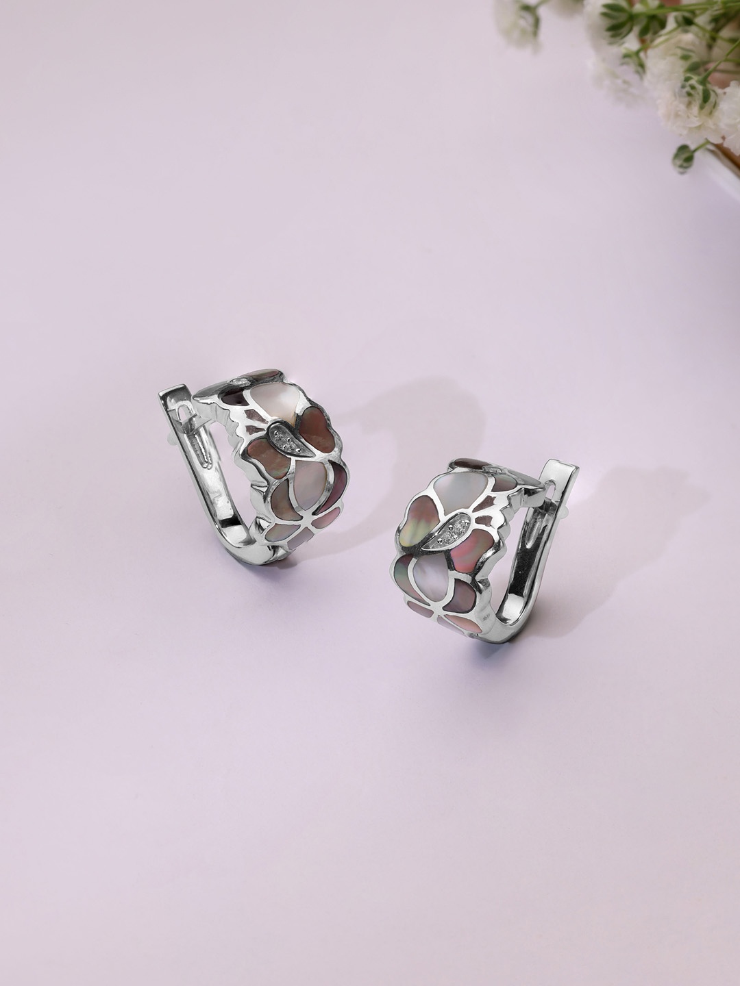 

Mia by Tanishq Mother of Pearls Studded Blossom Circular Shaped Hoop Earring, Silver