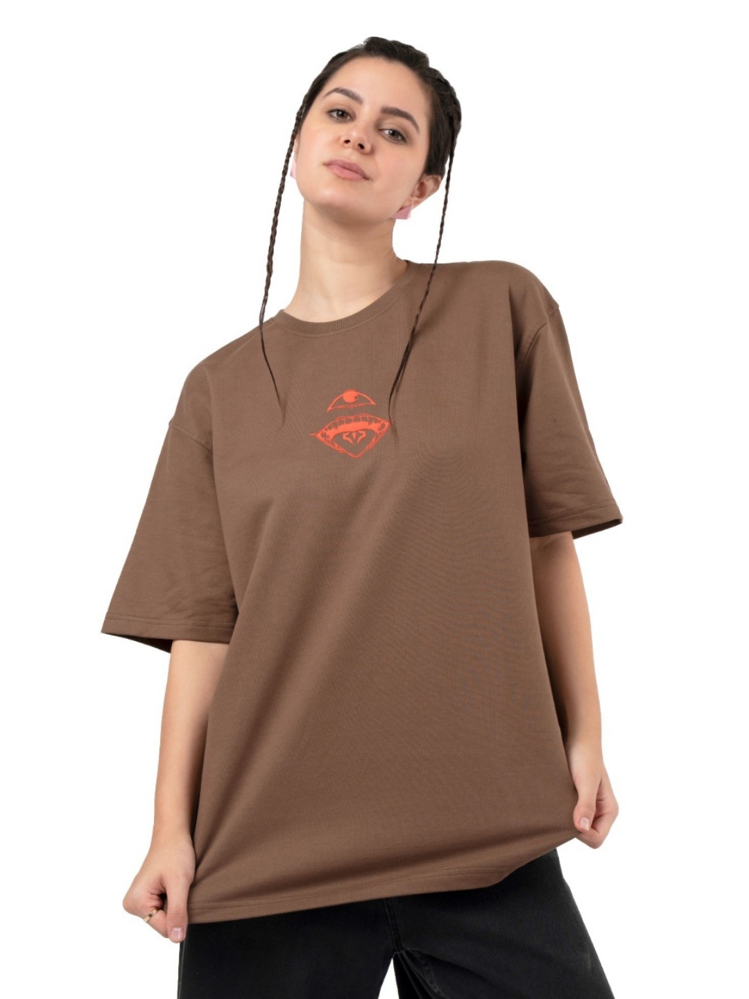 

RHINO CULT Women Printed Extended Sleeves Raw Edge T-shirt, Brown