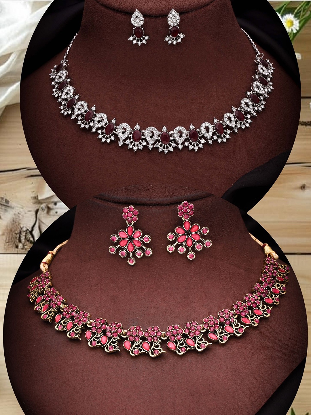 

DIVASTRI Set Of 2 Silver-Plated & Gold-Plated American Diamond Studded Jewellery Set