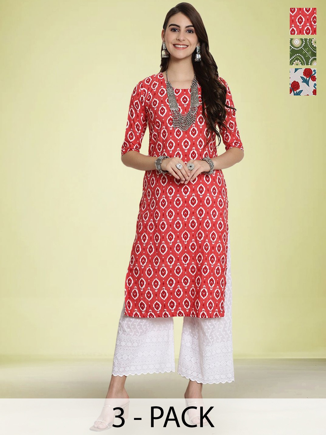 

Moda Rapido Selection Of 3 Floral Printed Round Neck Straight Kurtas, Red