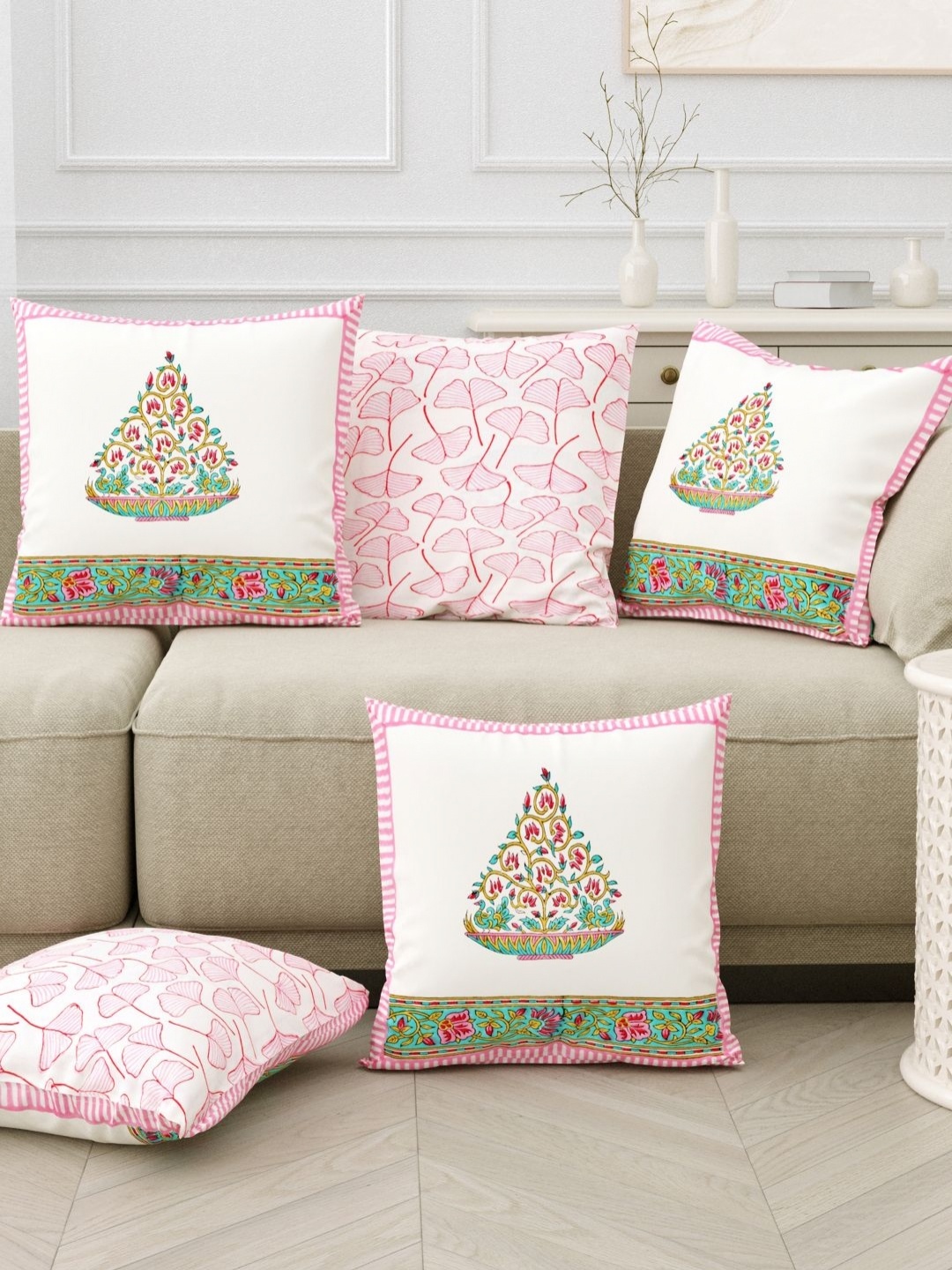 

Myntra Elegant Homes Pink & White Set of 5 Ethnic Motifs Square Cushion Covers
