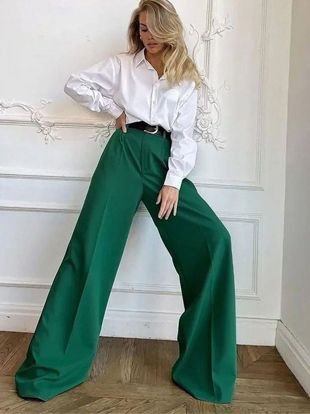 

HERE&NOW Women Slim Fit High-Rise Pleated Trousers, Green