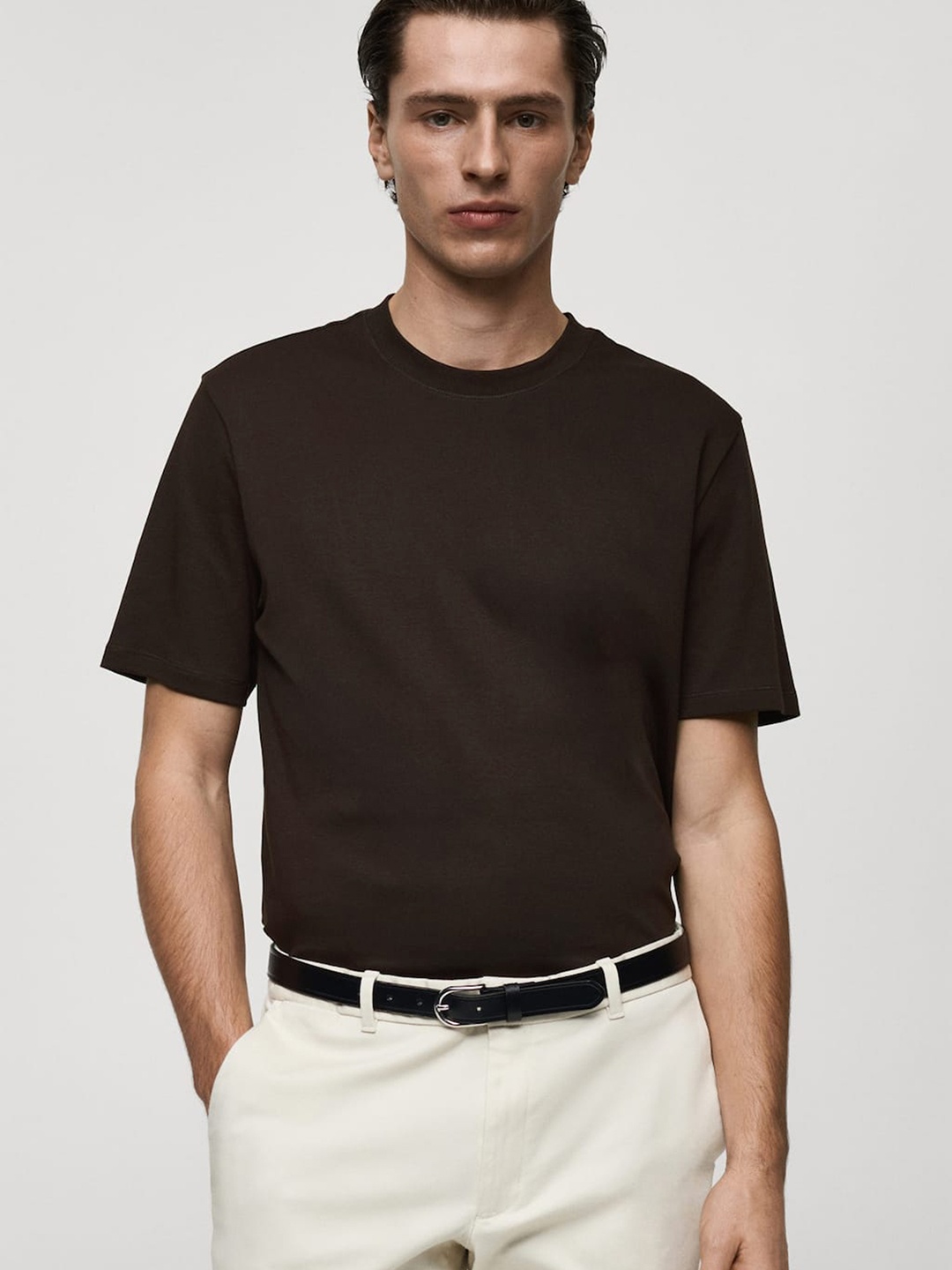 

MANGO MAN Drop-Shoulder Sleeves Pure Cotton T-shirt, Brown