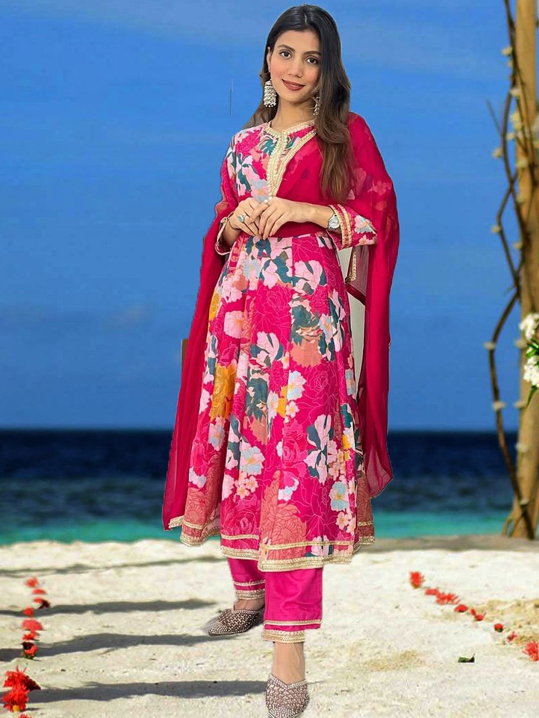

NKV Floral Printed Sequinned Chanderi Silk A-Line Kurta with Dupatta, Red