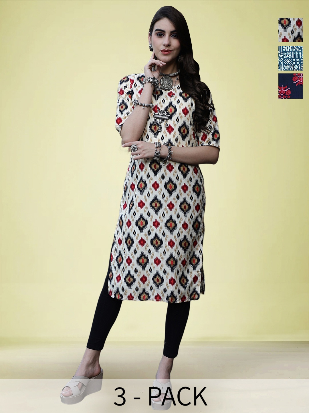 

Moda Rapido Selection Of 3 Geometric Printed Round Neck Straight Kurtas, Cream