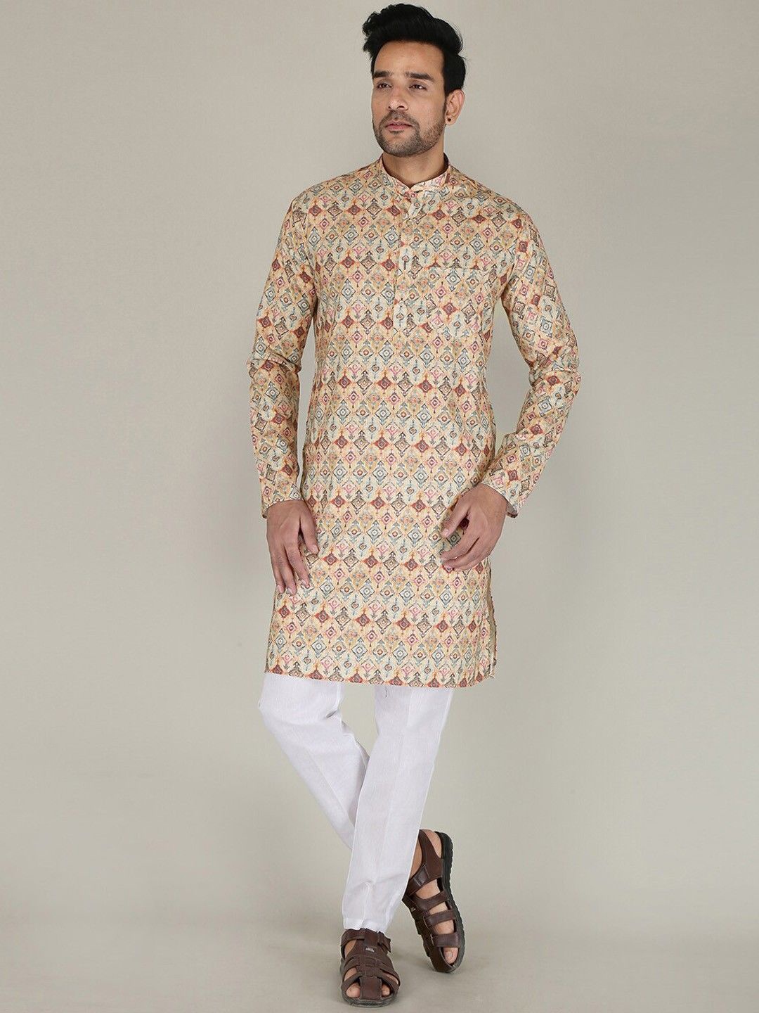 

PulseIQ Men Printed Regular Pure Cotton Kurta with Pyjamas, Brown