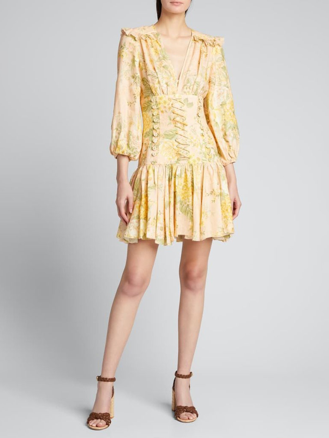 

PANKH Floral Print Puff Sleeve Georgette Drop-Waist Dress, Off white