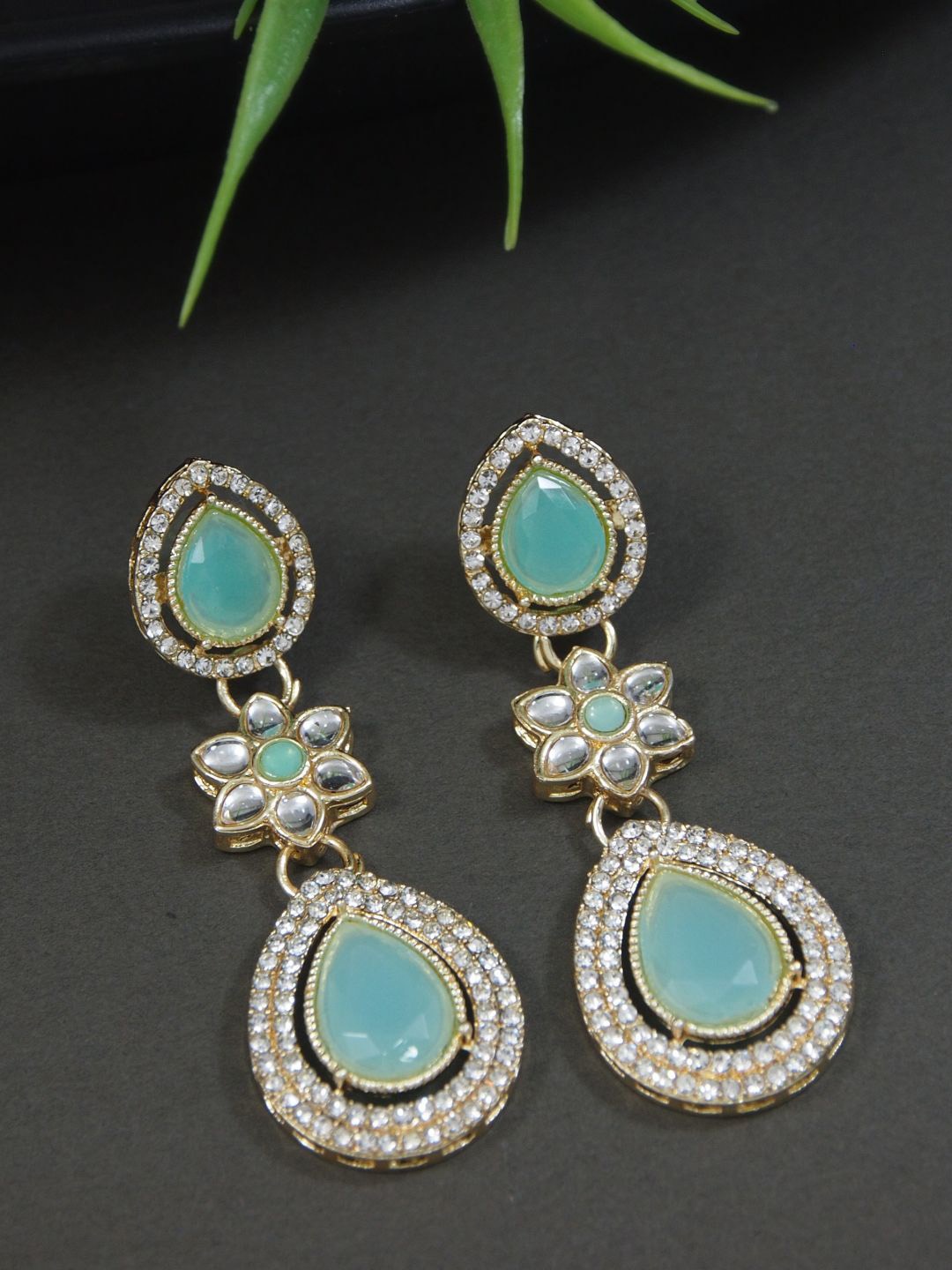 

I Jewels Gold-Plated Artificial Stones Studded Teardrop Shaped Drop Earrings