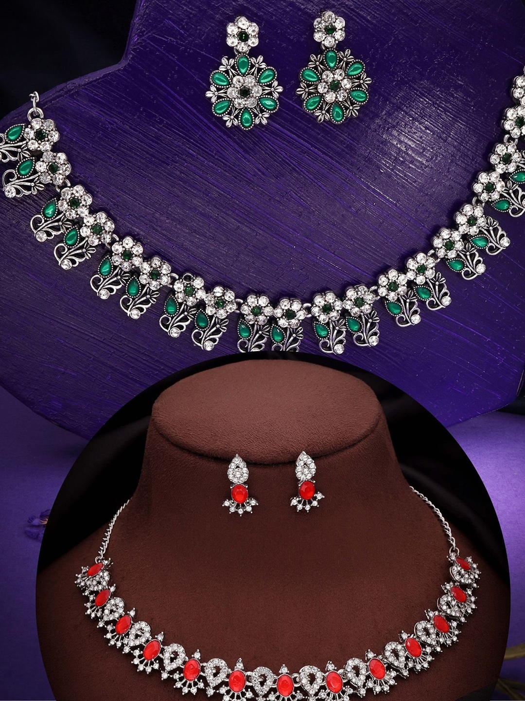 

DIVASTRI Set Of 2 Silver-Plated American Diamond-Studded Jewellery Set