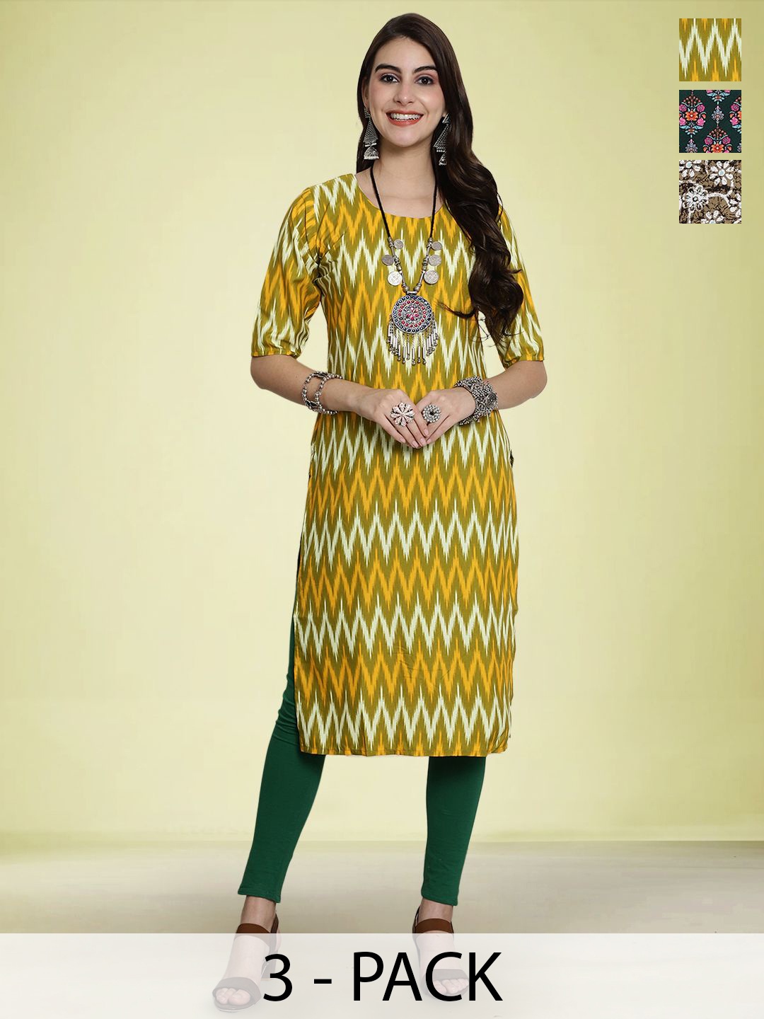 

Moda Rapido Selection Of 3 Floral Printed Round Neck Straight Kurtas, Green