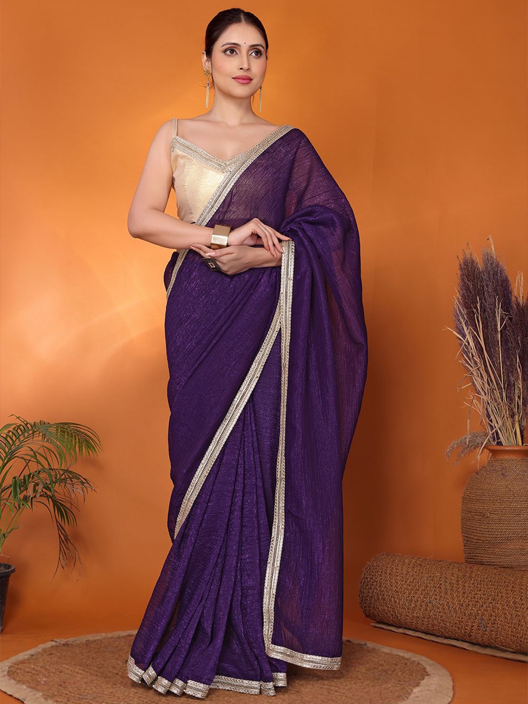 

FABMORA Embellished Sequinned Organza Saree, Purple