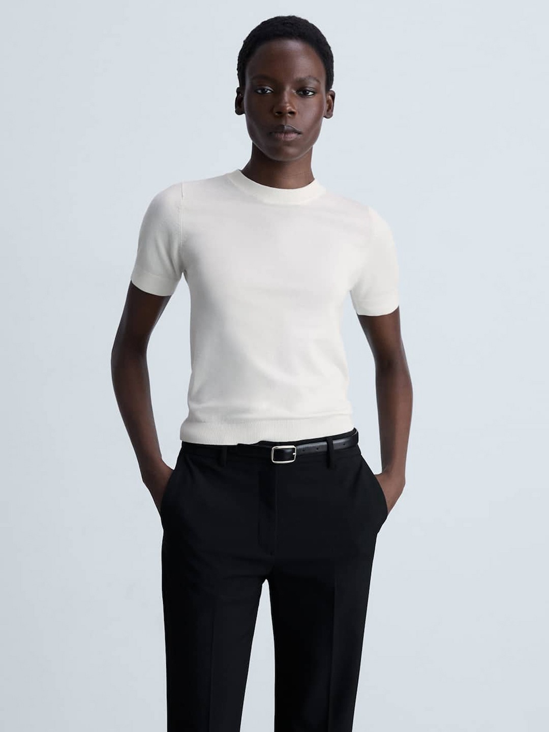 

MANGO Knitted Round-Neck Regular Fit T-shirt, Off white