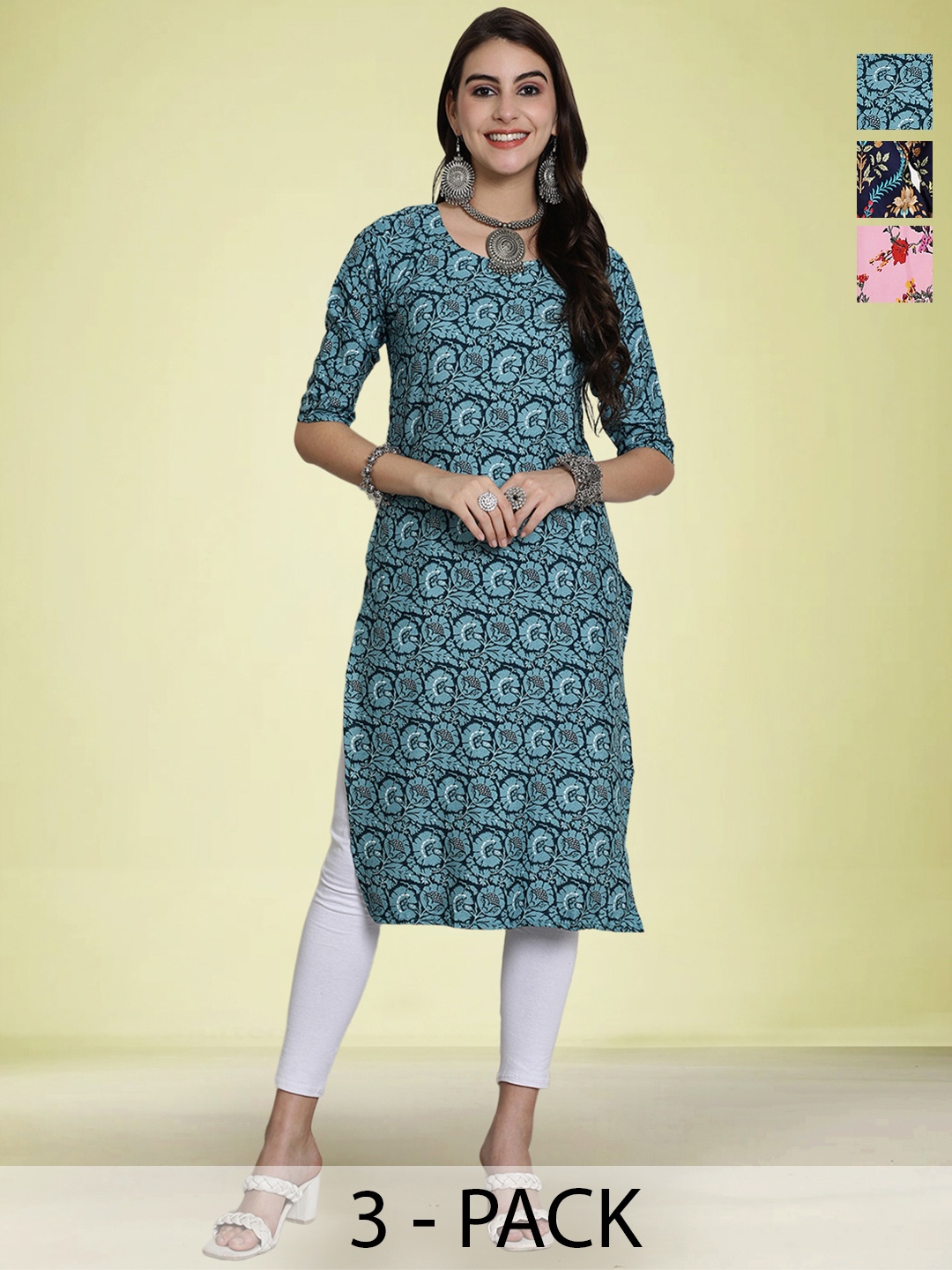 

Moda Rapido Selection Of 3 Floral Printed Round Neck Straight Kurtas, Blue