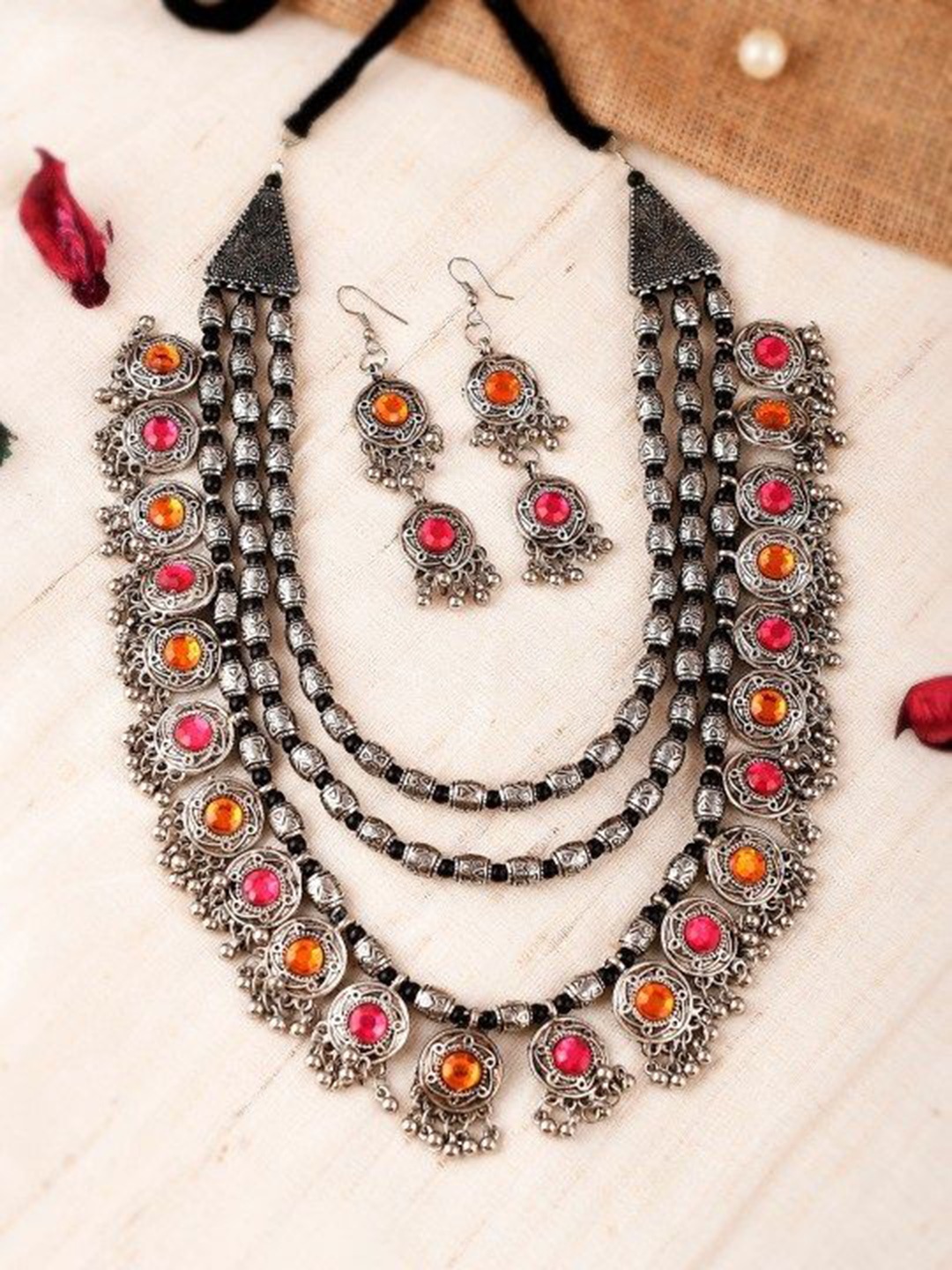 

JMBW INTERNATIONAL Silver-Plated Artificial Stone Studded Oxidised Jewellery Set