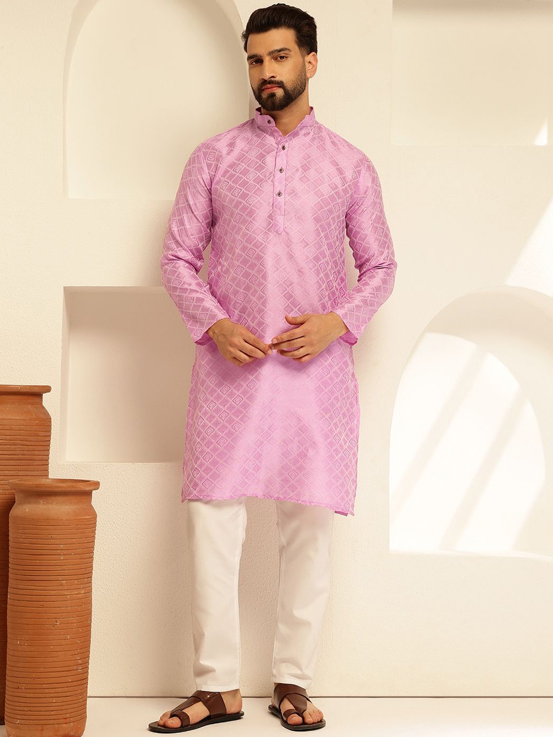 

SOJANYA Woven Design Mandarin Collar Straight Kurta, Lavender