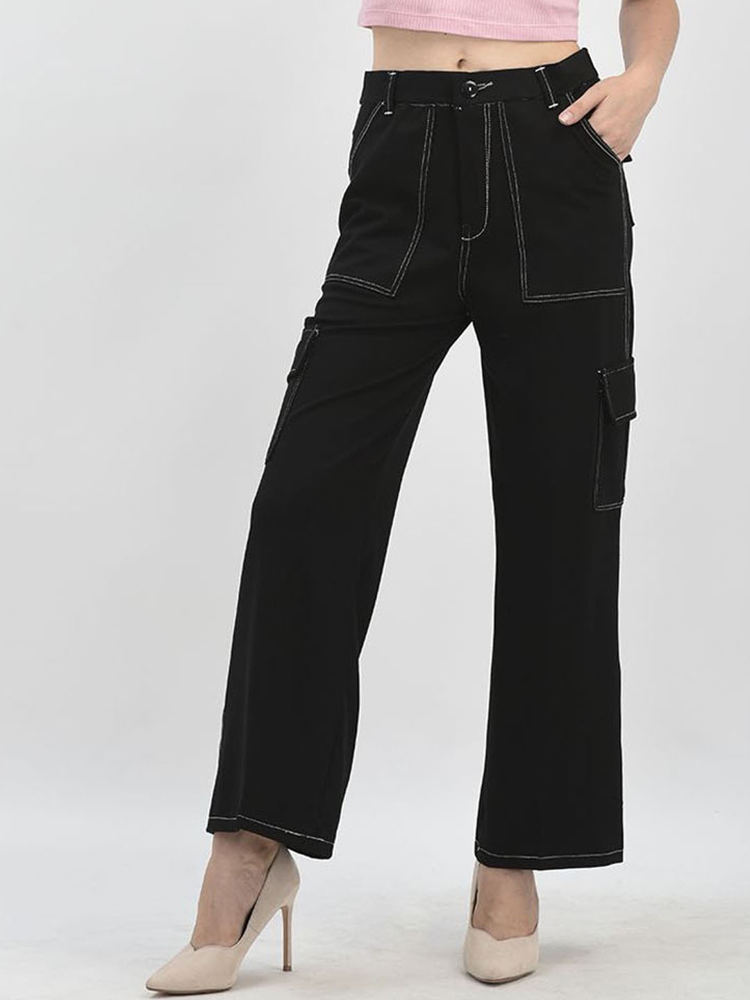 

Chemistry Women Relaxed Straight Leg Flared High-Rise Cargos Trousers, Black
