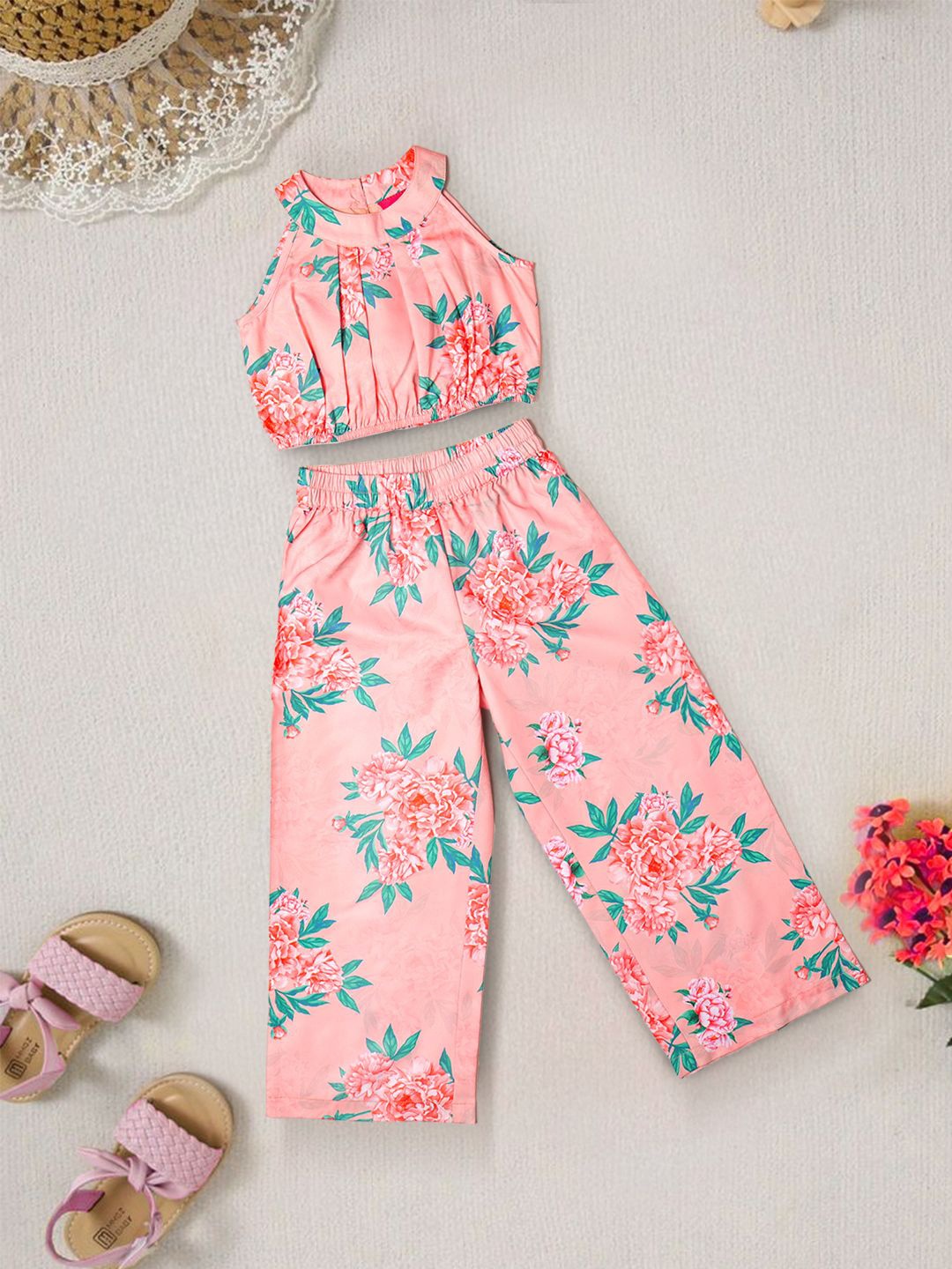 

pspeaches Girls Floral Printed Top With Trousers, Peach