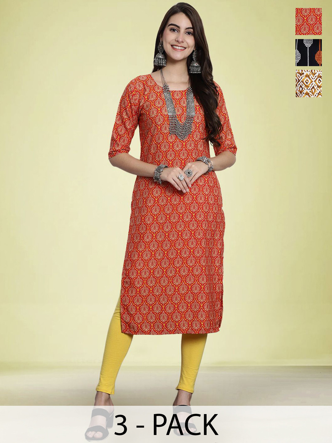 

Moda Rapido Selection Of 3 Floral Printed Round Neck Straight Kurtas, Yellow