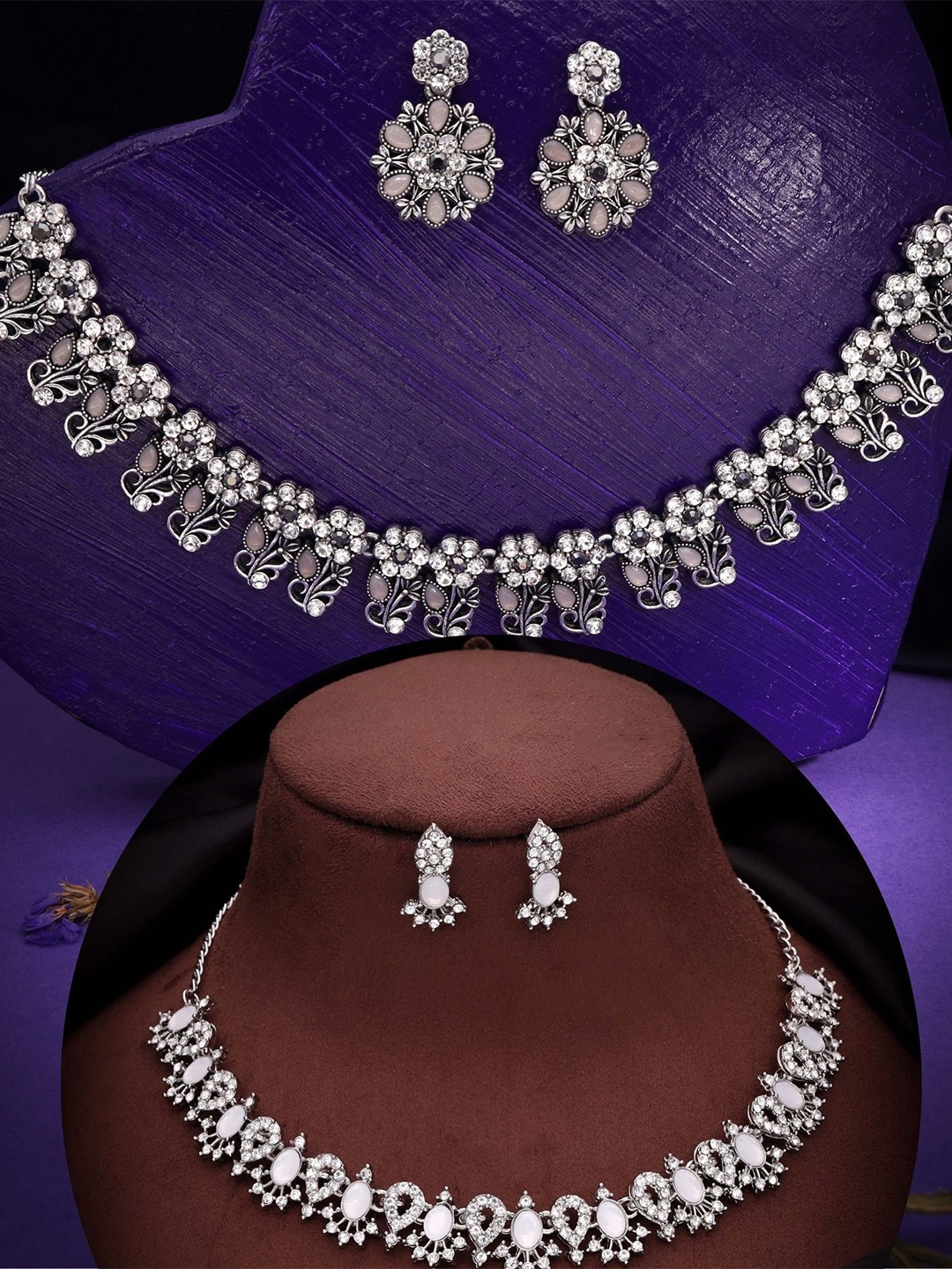 

DIVASTRI SetOf 2 Silver-Plated American Diamond Studded Jewellery Set