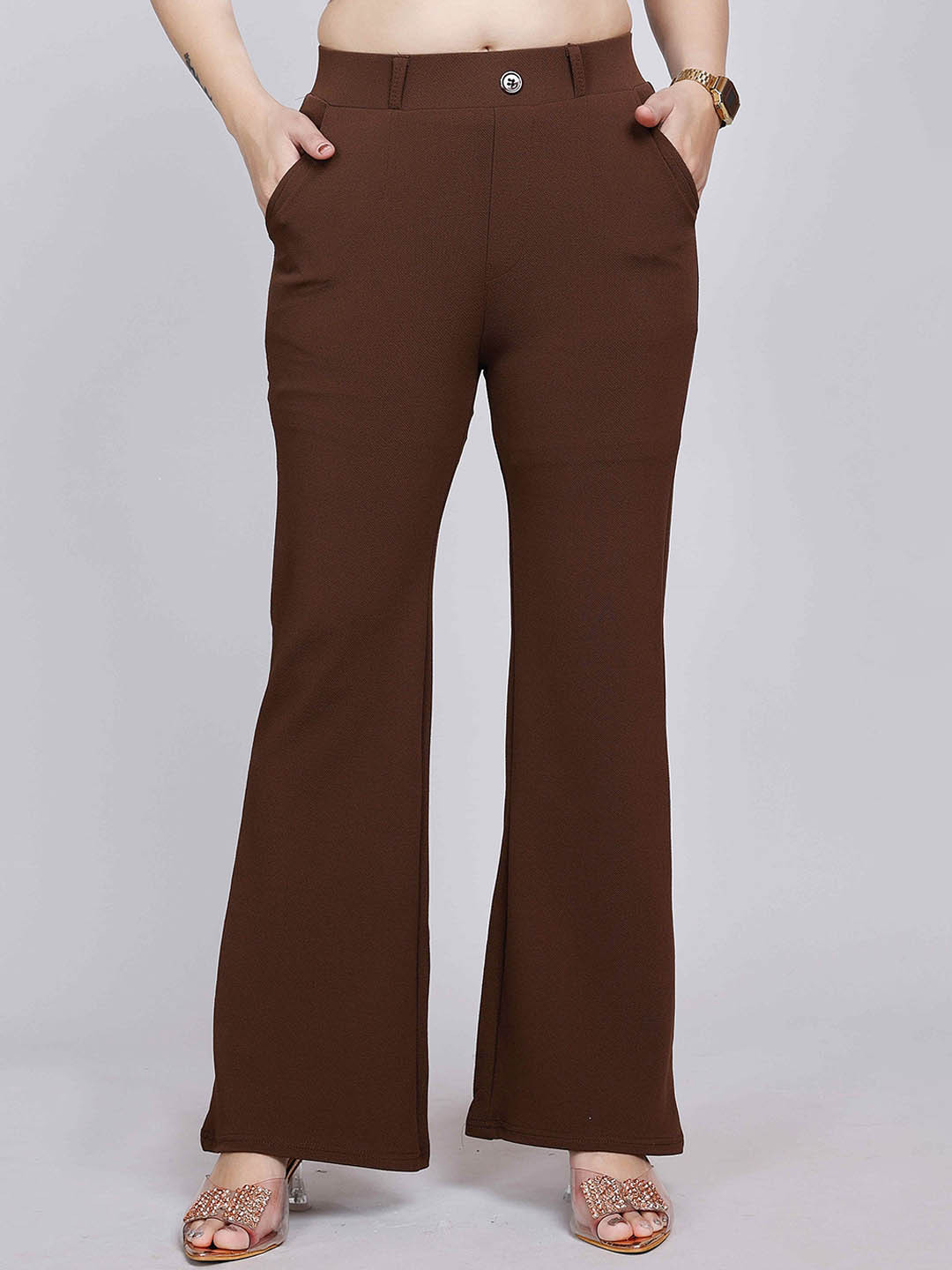 

NUCOUTHS Women Relaxed Straight Leg Straight Fit High-Rise Trousers, Brown