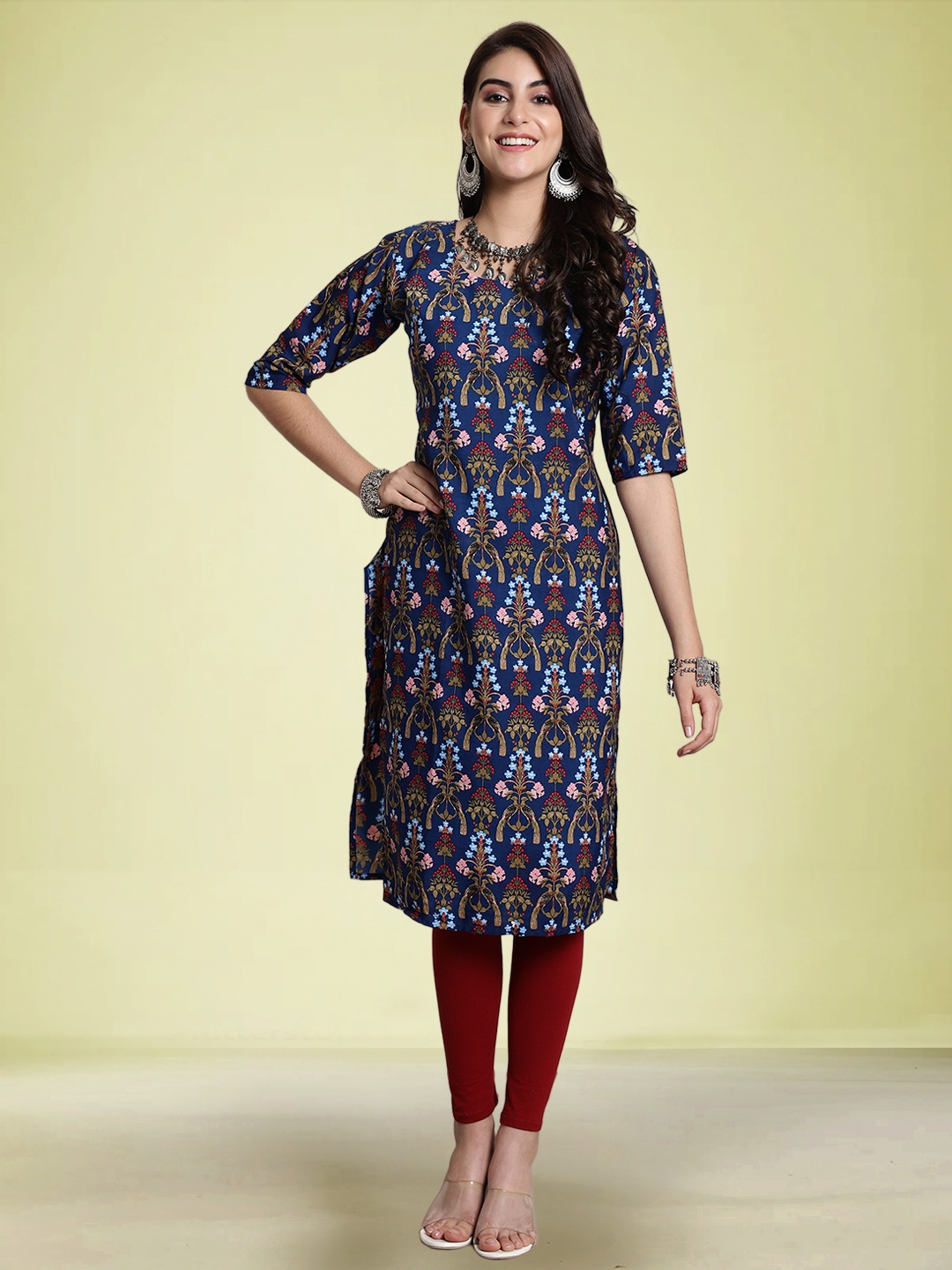 

Moda Rapido Selection Of 3 Floral Printed Round Neck Straight Kurtas, Navy blue