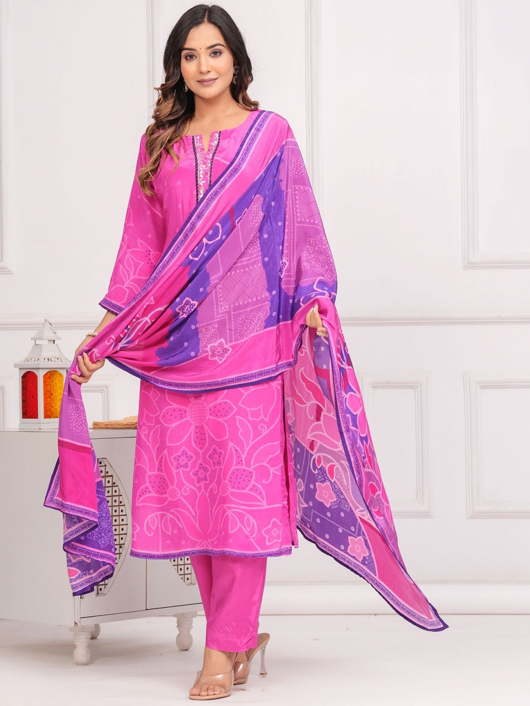 

KALINI Women Floral Yoke Design Regular Beads and Stones Pure Silk Kurta with Trousers & With Dupatta, Pink