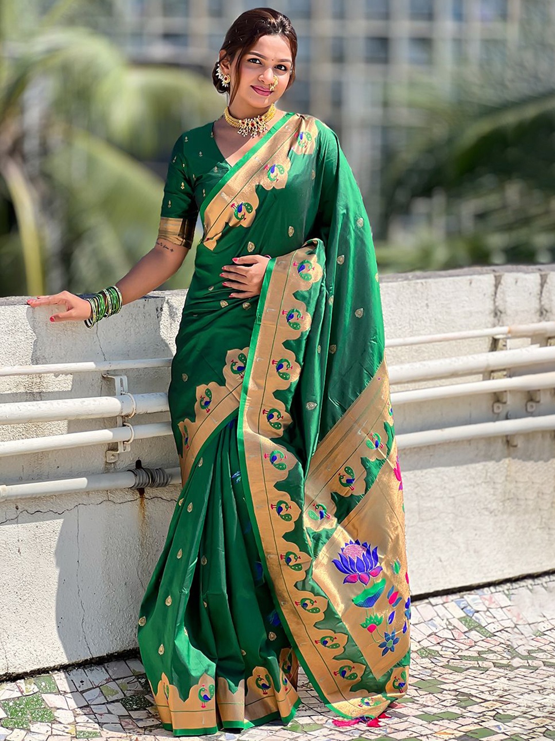 

all about you Woven Design Zari Silk Blend Paithani Saree, Green