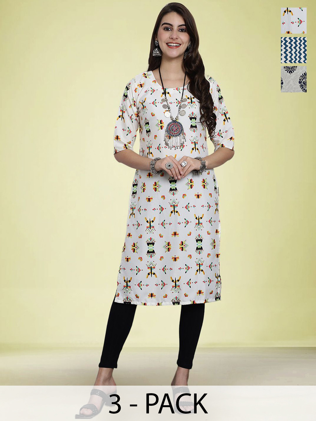 

Moda Rapido Selection Of 3 Geometric Printed Round Neck Straight Kurtas, White
