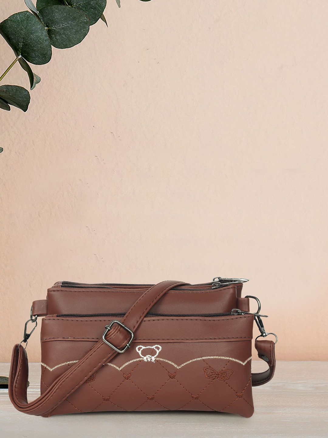

LADY QUINTON Textured PU Structured Sling Bag, Brown