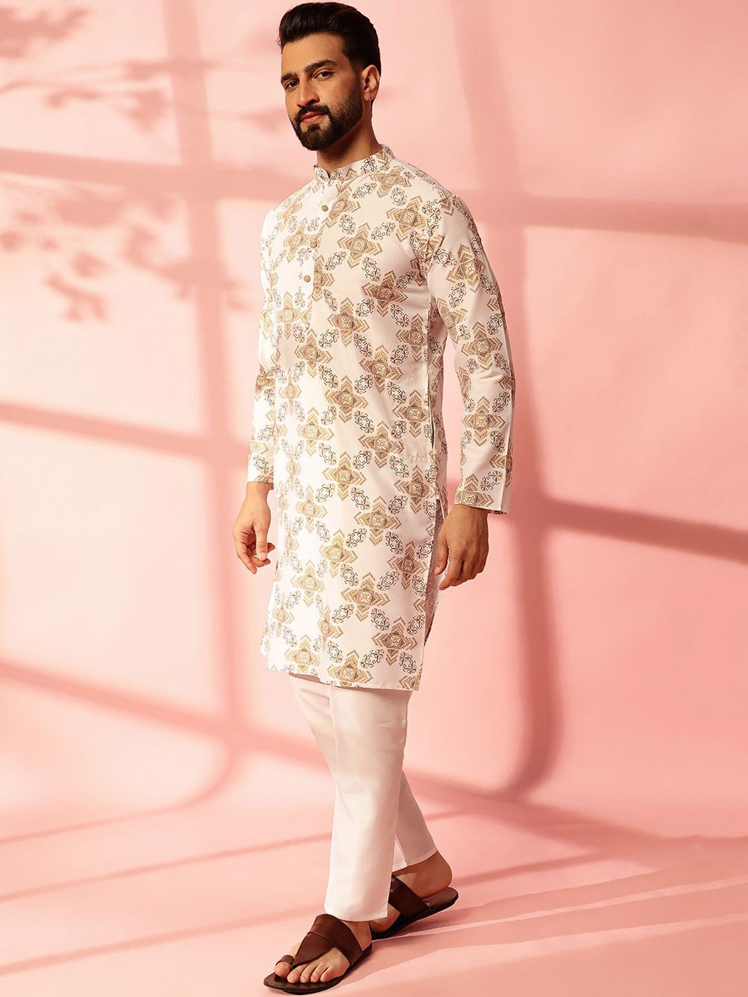 

Anouk Geometric Printed Mandarin Collar Cotton Linen Straight Kurta, White