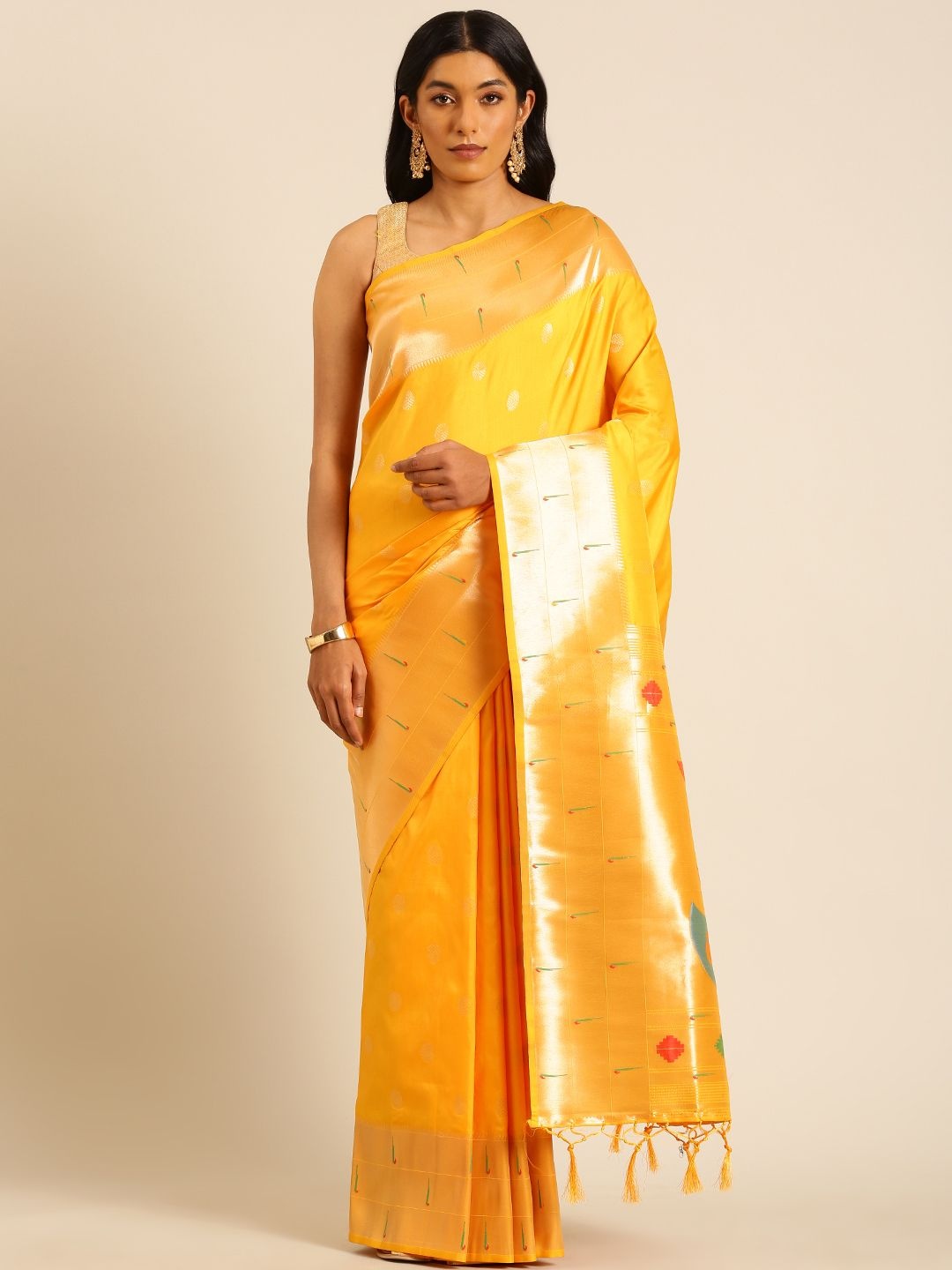 

DIVASTRI Woven Design Zari Silk Blend Designer Paithani Saree, Yellow