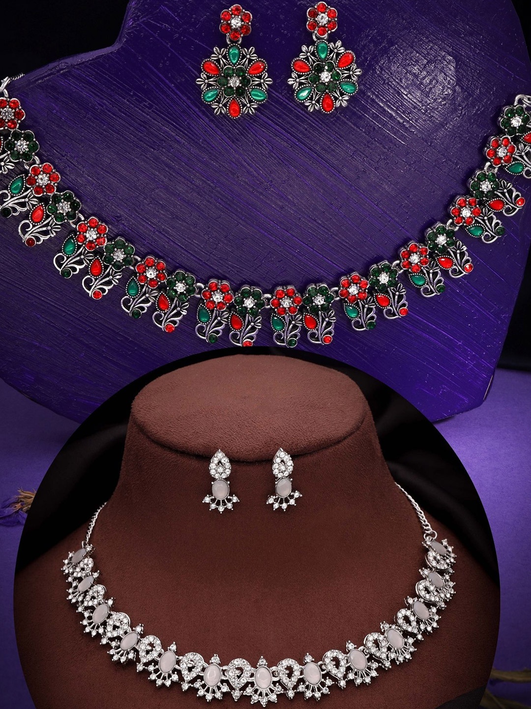 

DIVASTRI Set Of 2 Silver Plated American Diamonds Studded Jewellery Set