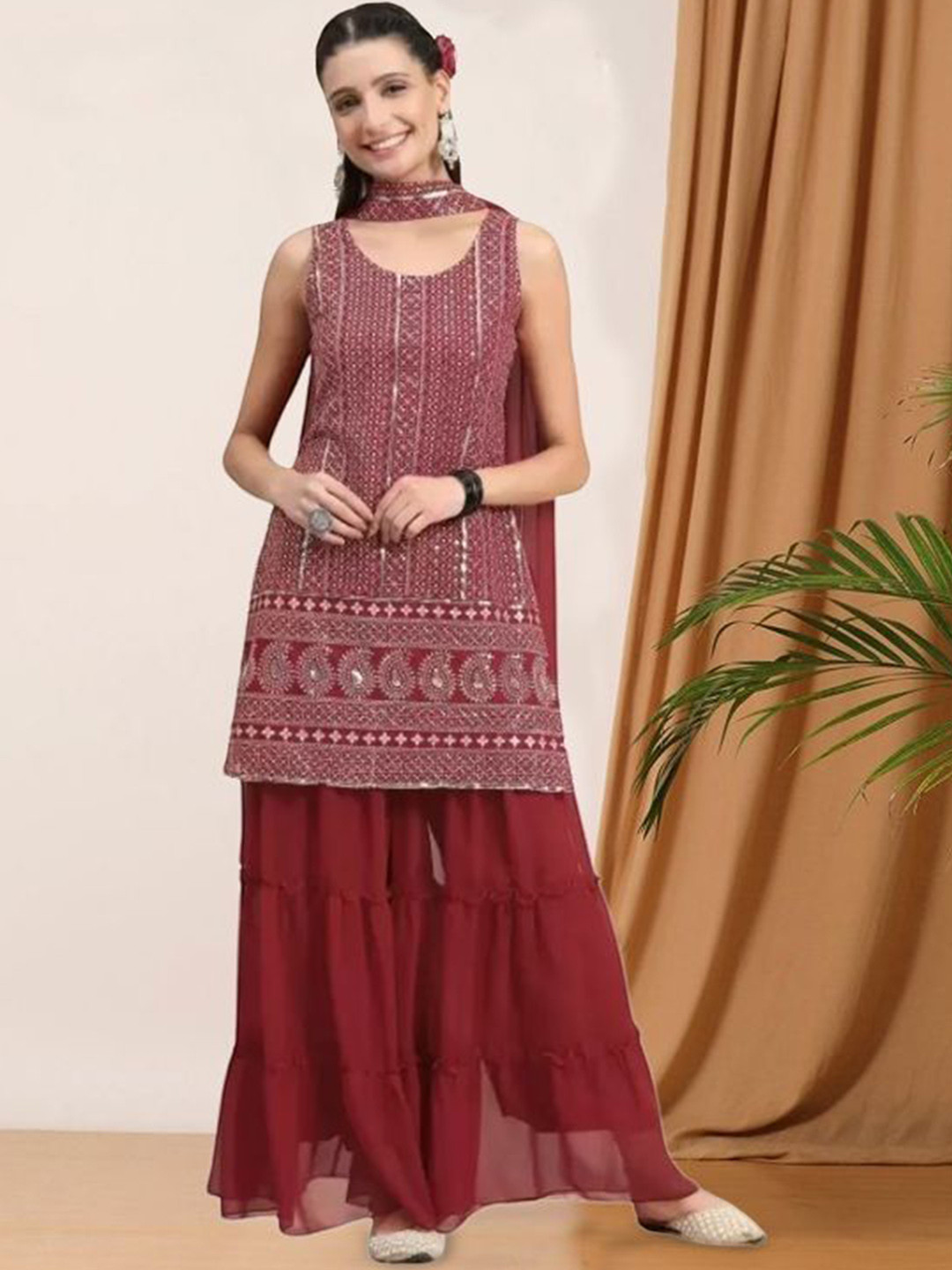 

PARROT CREATION Floral Embroidered Sequinned Georgette Kurti With Palazzos And Dupatta, Maroon