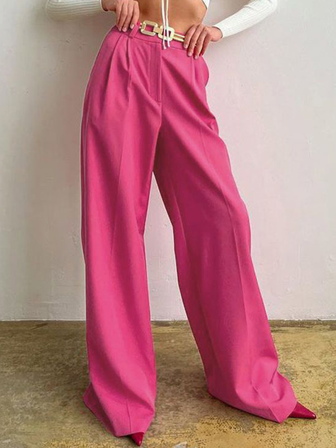 

HERE&NOW Women Slim Fit High-Rise Pleated Trousers, Pink