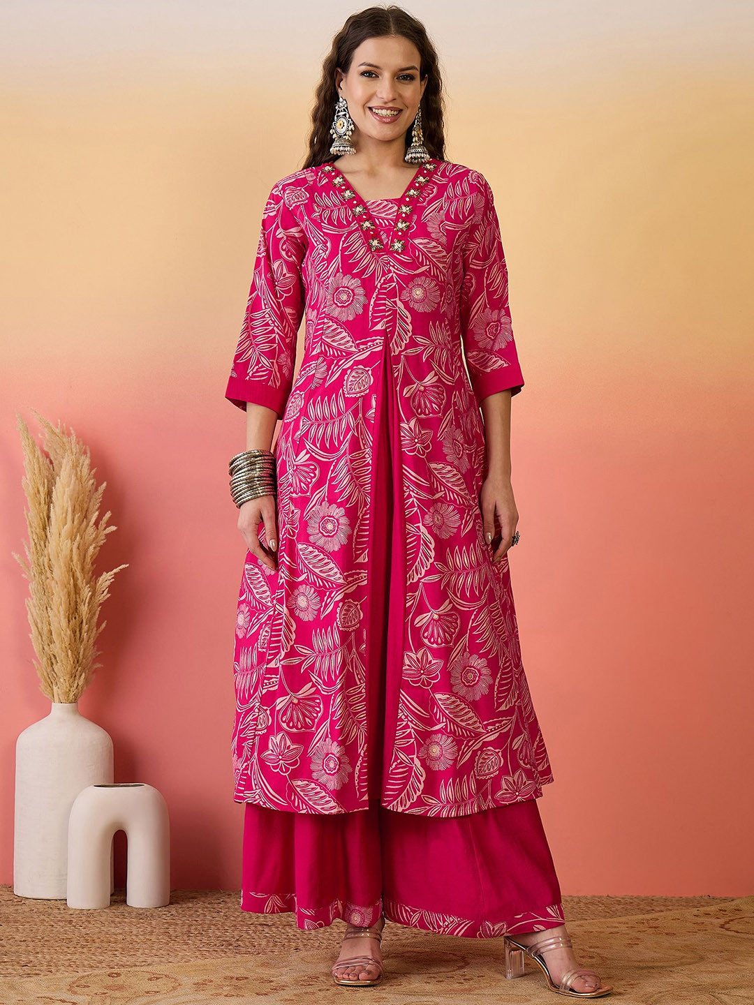 

Sangria Embroidered & Block Printed Silk Anarkali Kurta & Palazzo With Dupatta, Pink