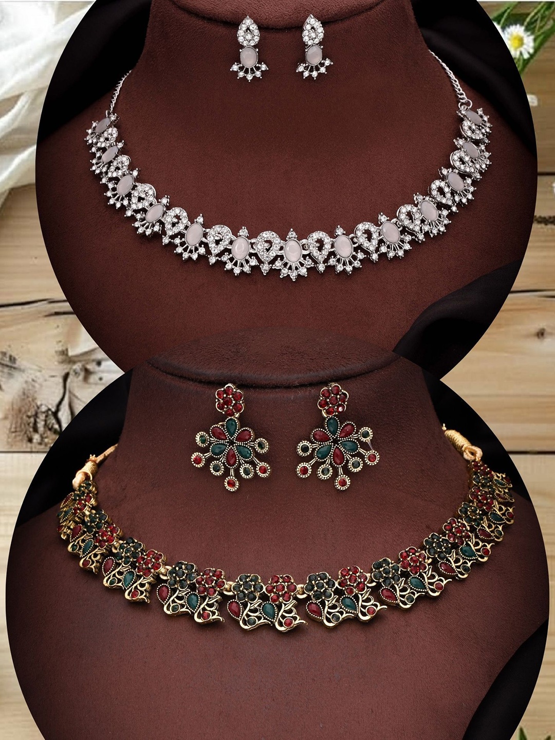 

DIVASTRI Set Of 2 Gold-Plated Artificial Stone Studded Jewellery Sets
