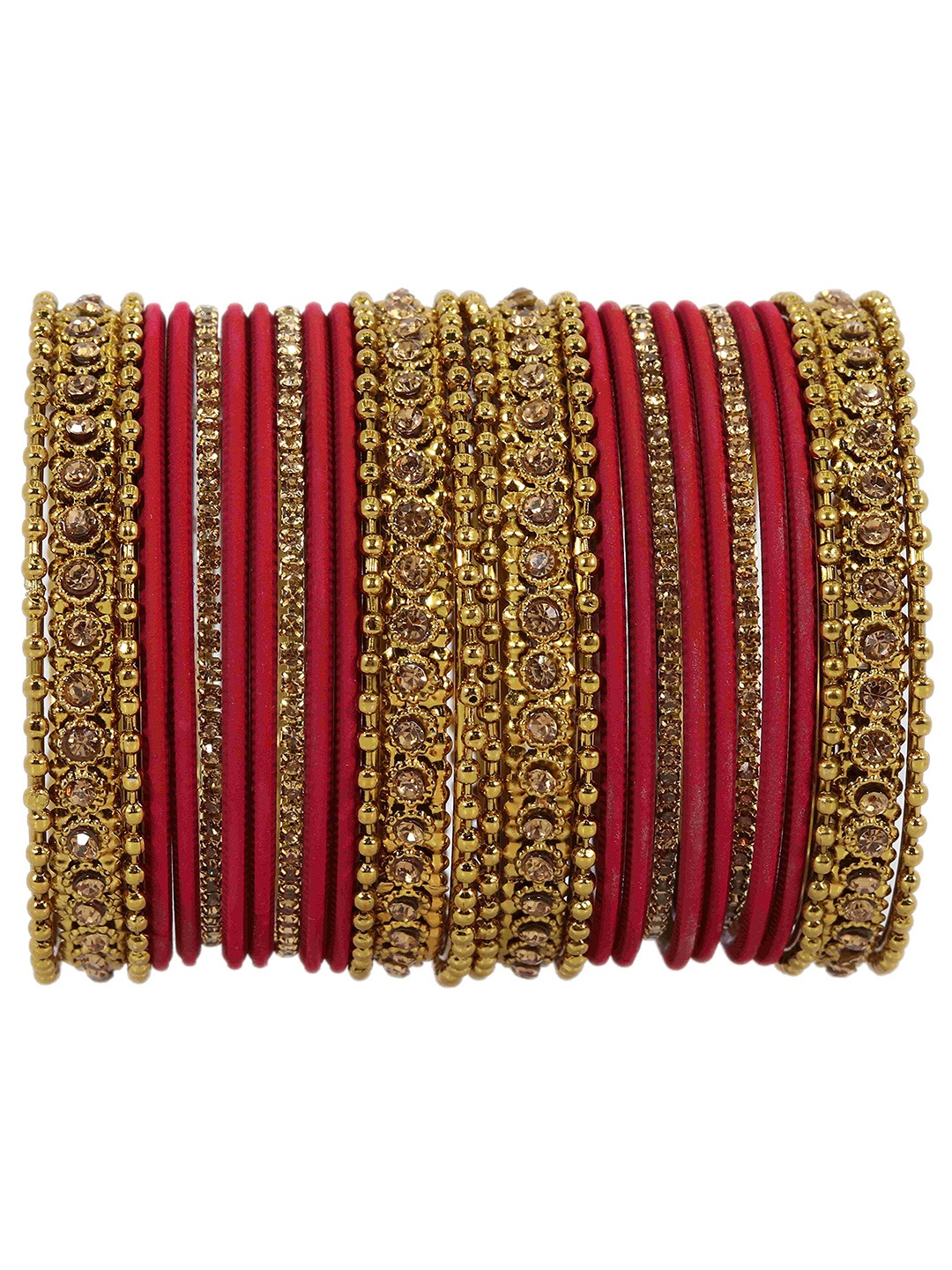 

ZULKA Set Of 28 Metal With Zircon Gemstone Studded Traditional Bangles, Gold