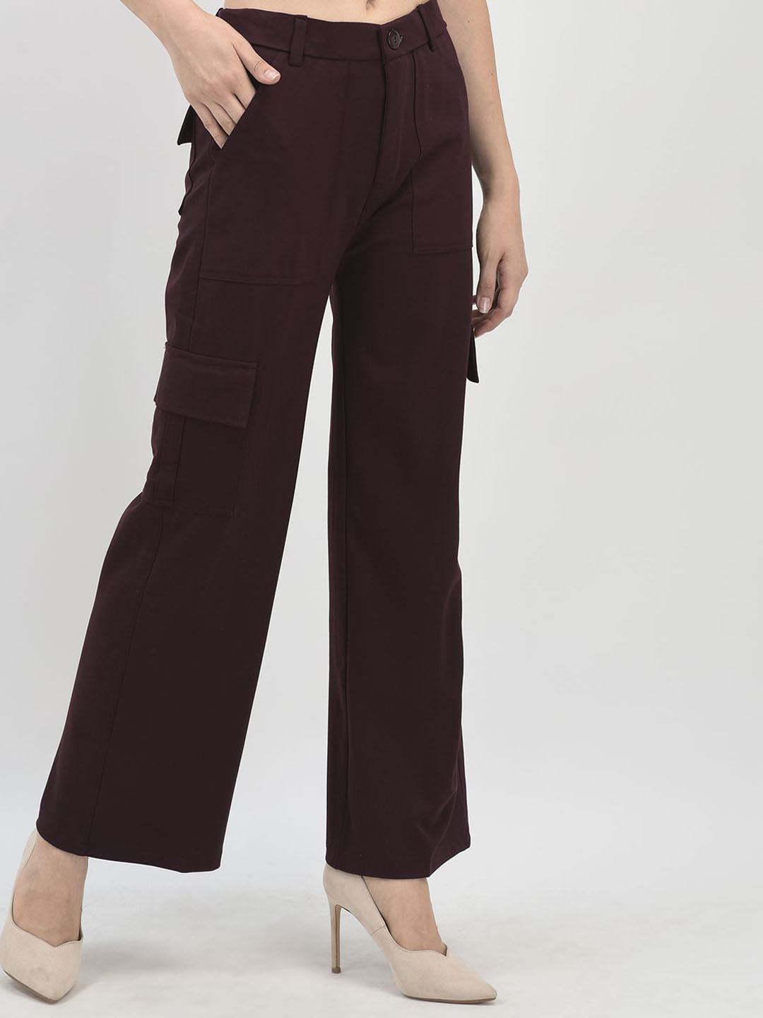 

Chemistry Women Relaxed Straight Leg Flared High-Rise Cargos Trousers, Burgundy