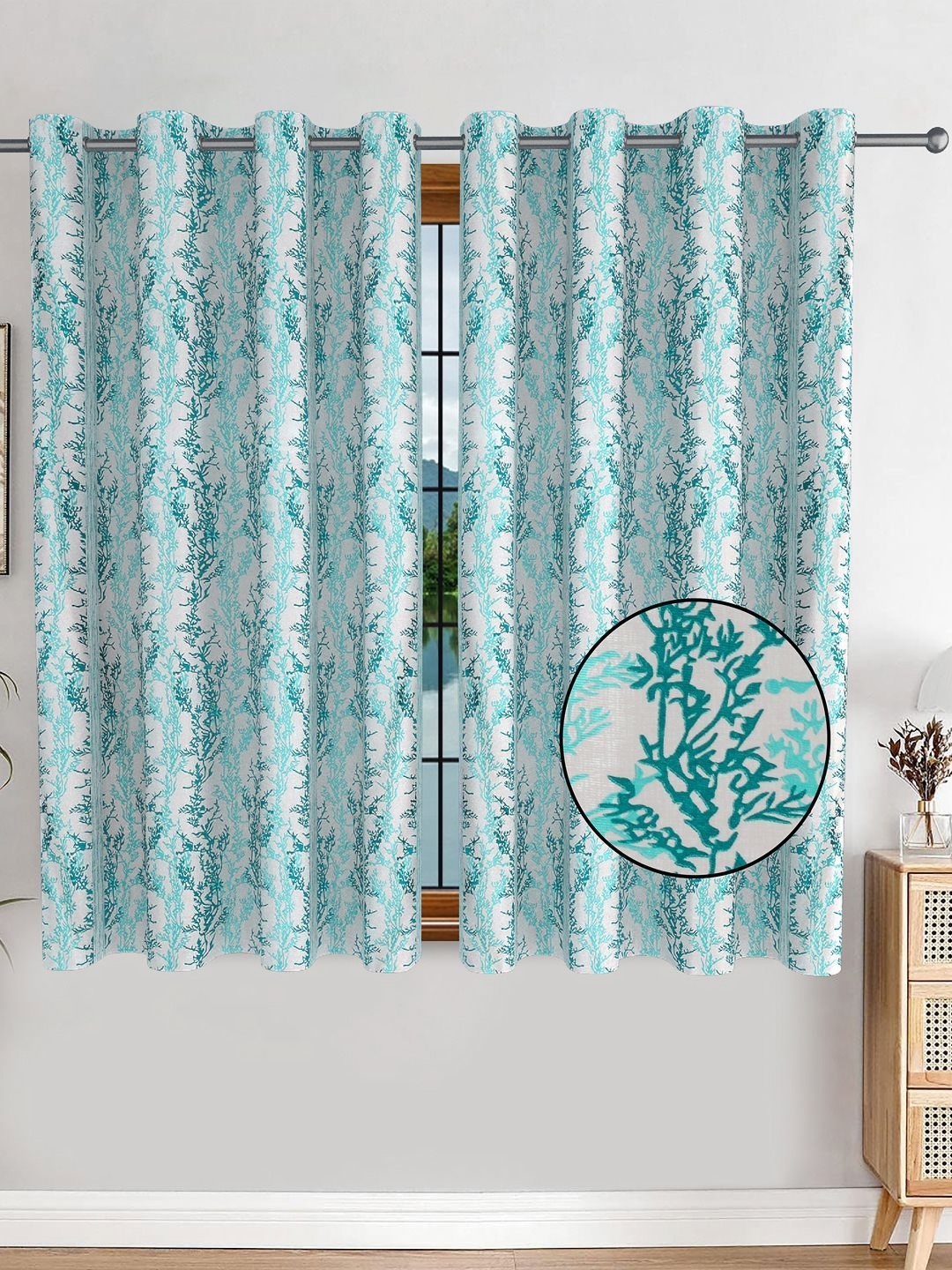 

AVI Turquoise Blue & White Set of 2 Floral Window Curtain